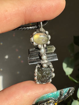 Moldavite & Green Capped Tourmaline & Labradorite Pendant