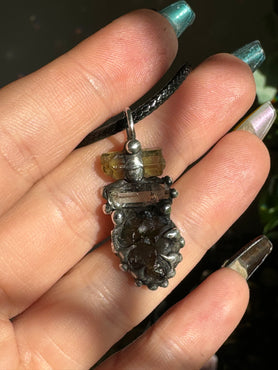 Moldavite & Green Tourmaline & Aquamarine Pendant