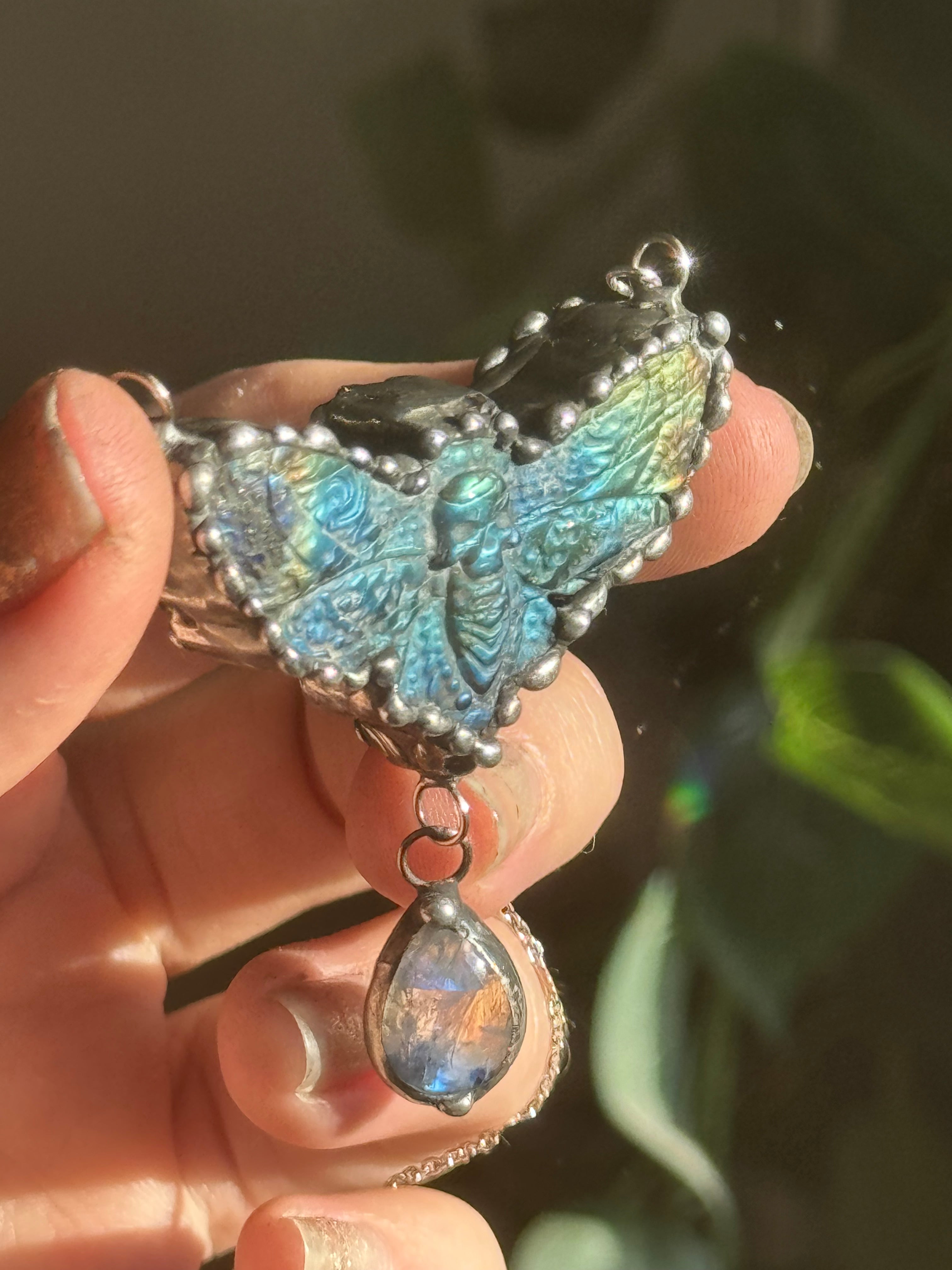 Labradorite Death Moth & Moonstone