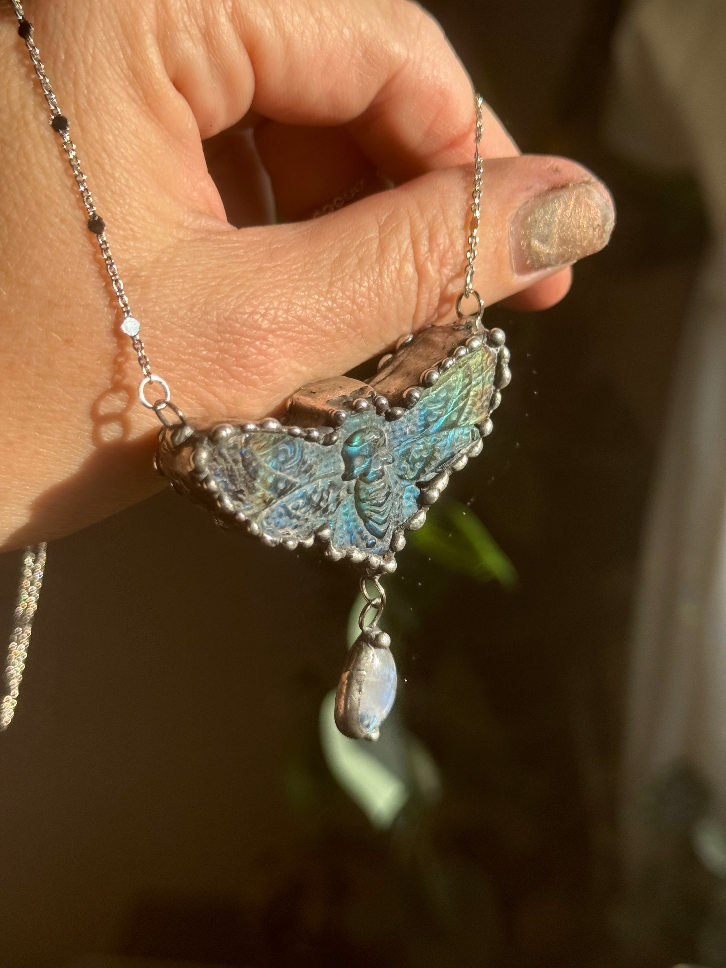 Labradorite Death Moth & Moonstone