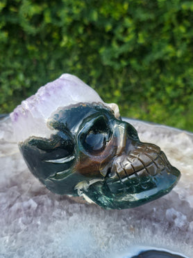 Moss Agate & Amethyst Skull