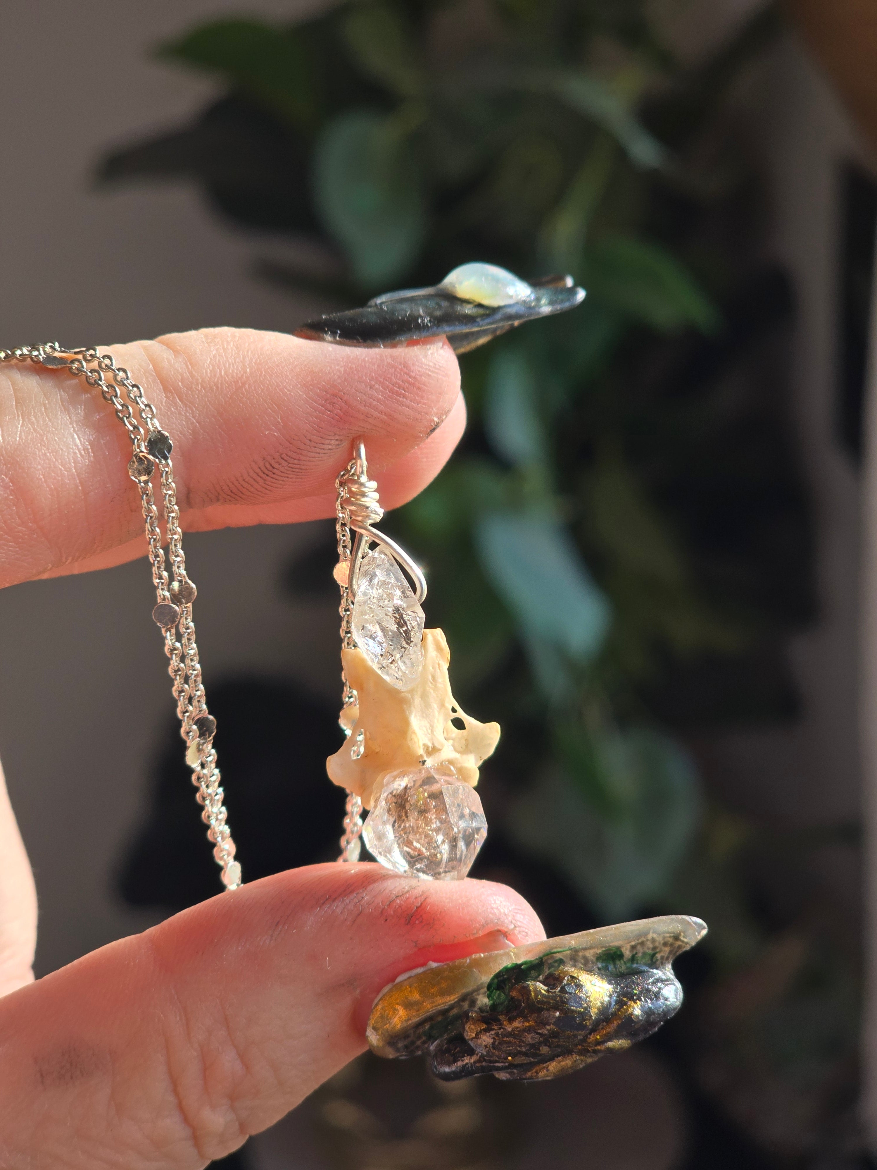 Herkimer Diamond & Vertebrae Necklace #4 Silver