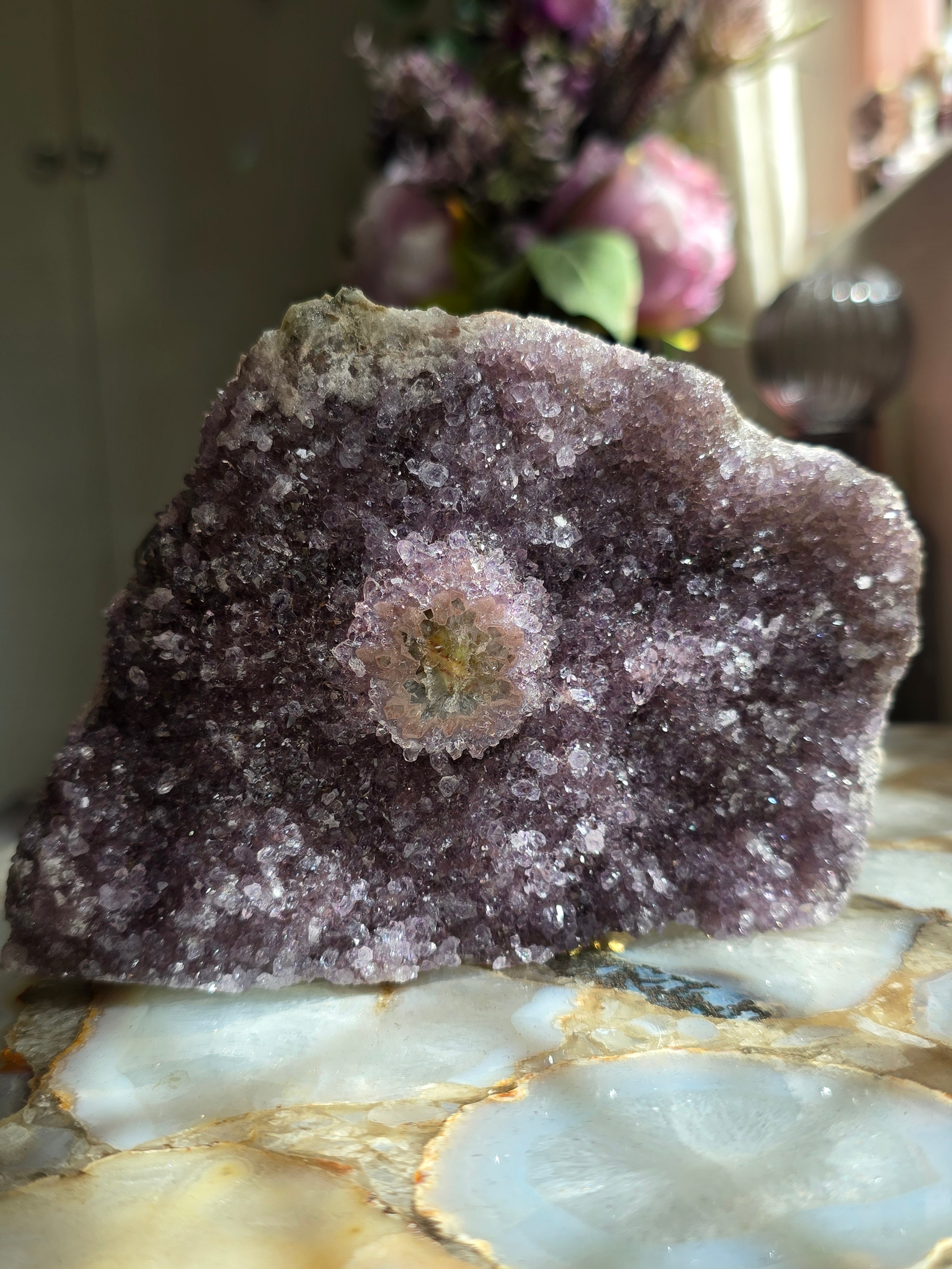 Rare Rainbow Amethyst Cluster With Polished Stalactite Flower