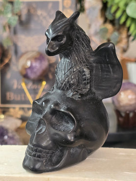 Black Obsidian Dragon on Skull Carving