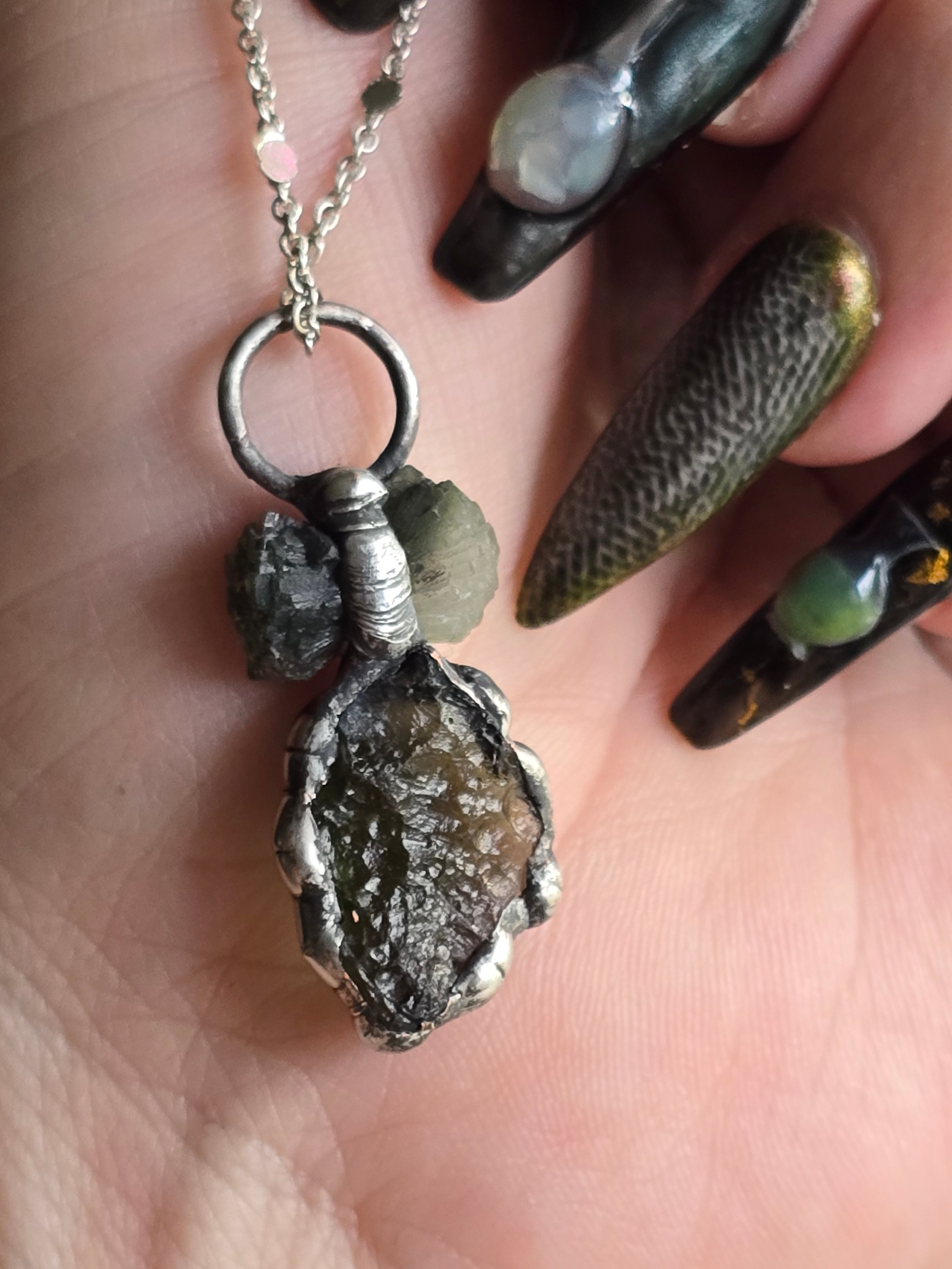 Moldavite & Bicoloured Bowtie Prehenite Pendant