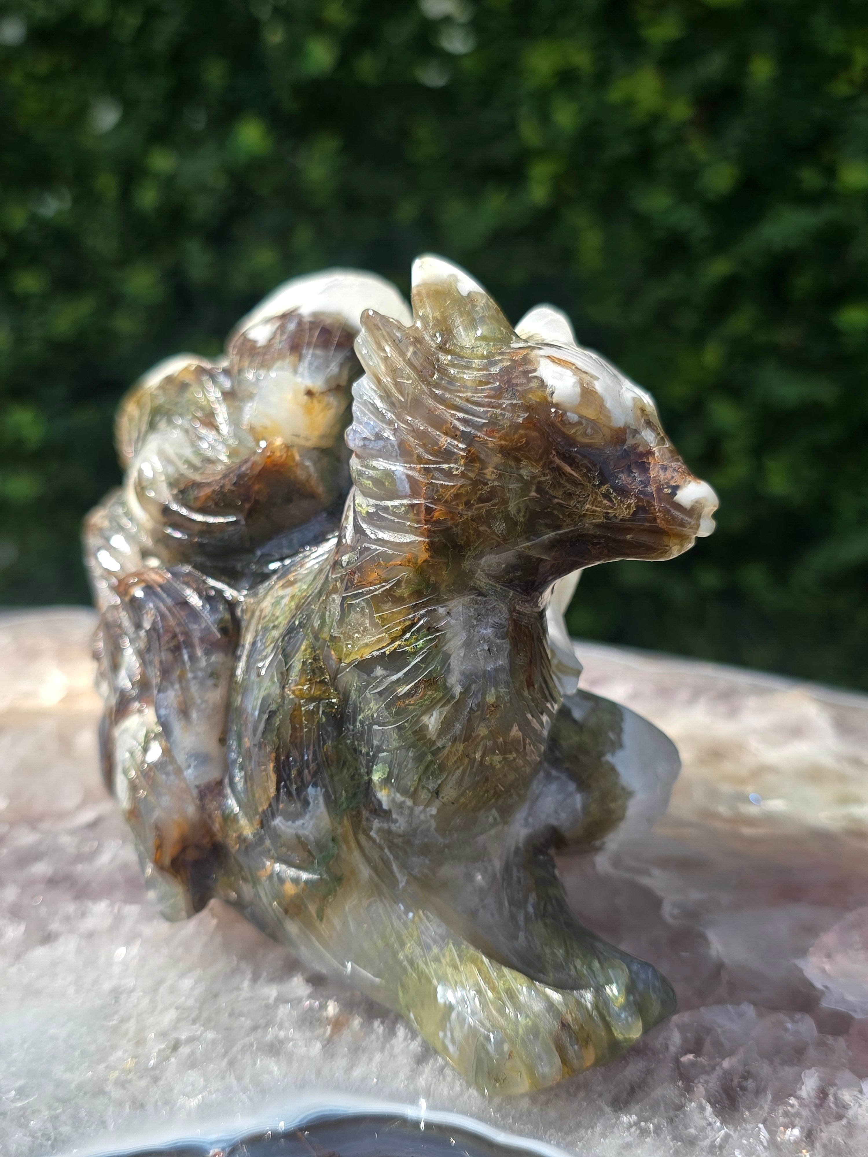 Moss Agate 7 Tail Fox Carving