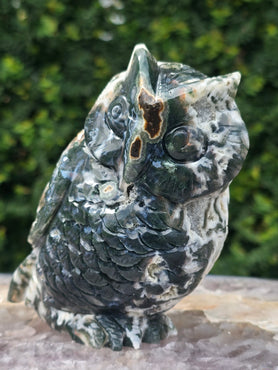 Moss Agate Owl Carving