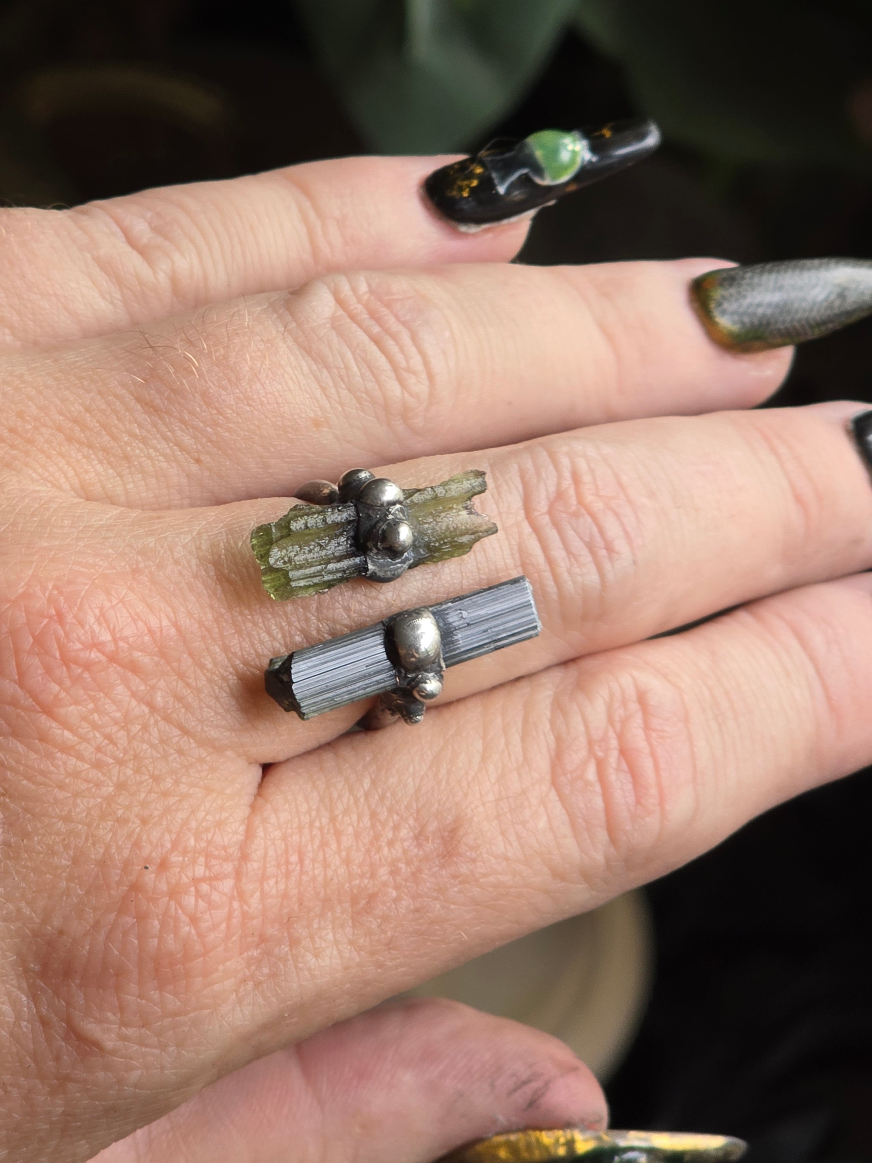 Moldavite & Green Capped Black Tourmaline Ring