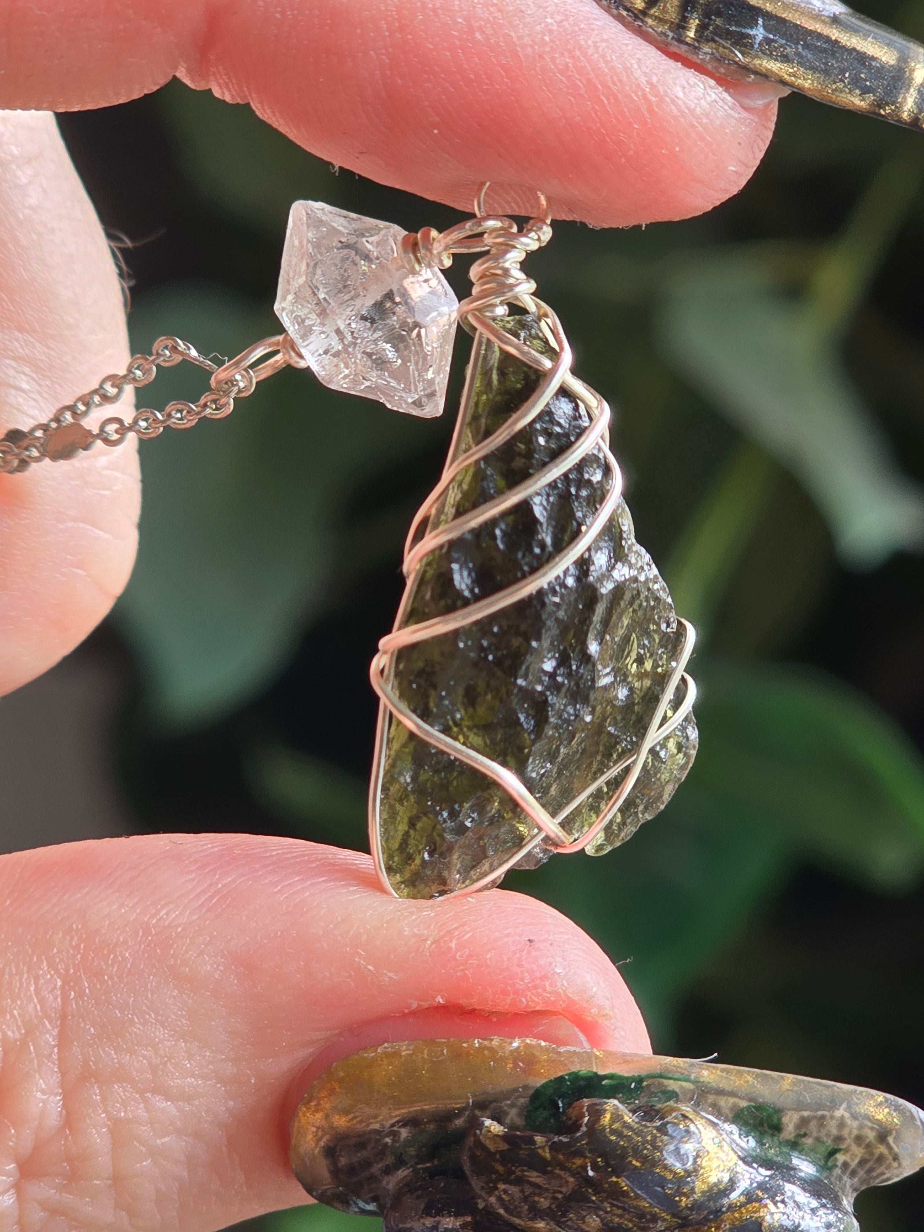 Moldavite Dragonfly Wing & Herkimer Diamond Necklace