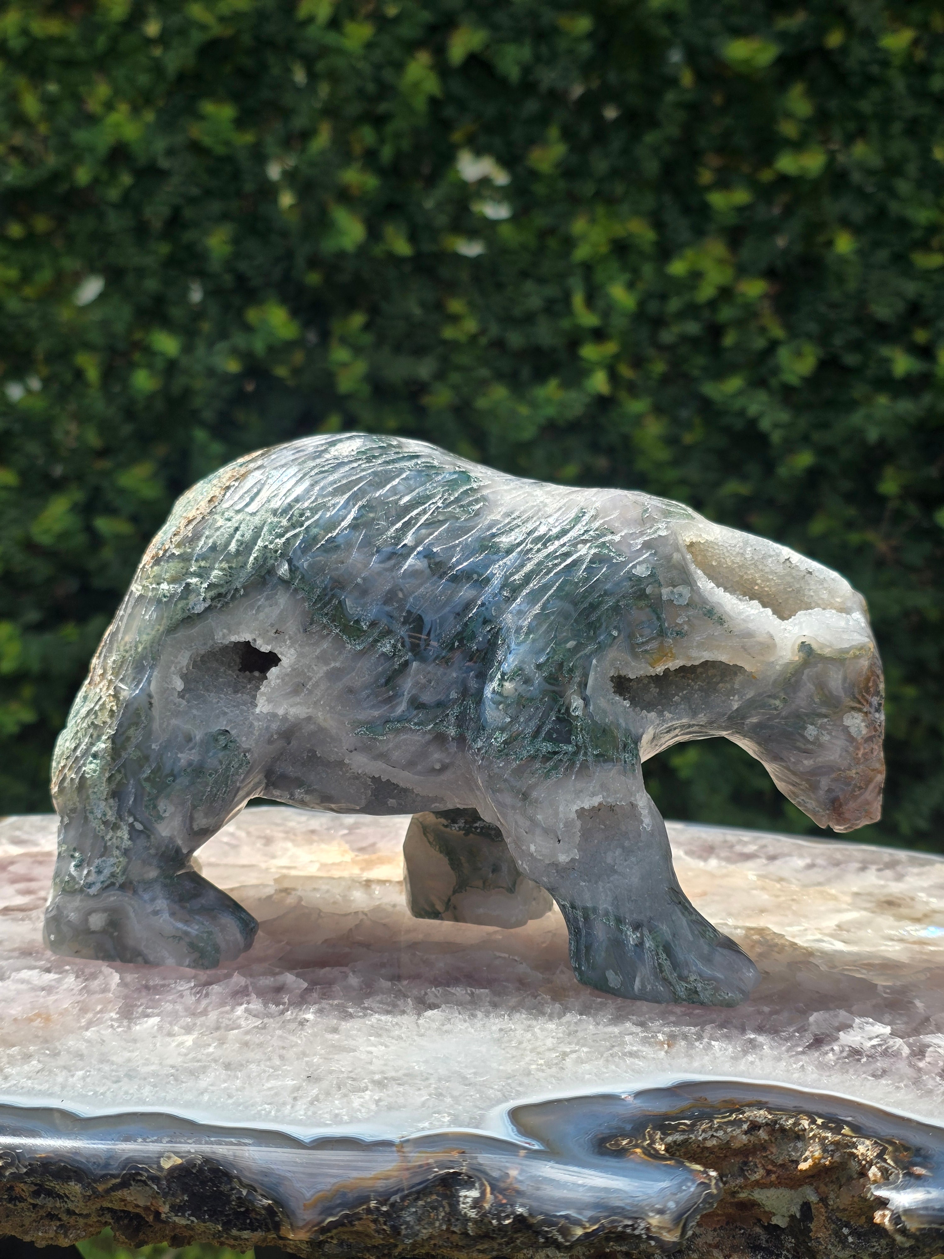 Moss Agate Druzy Bear Carving