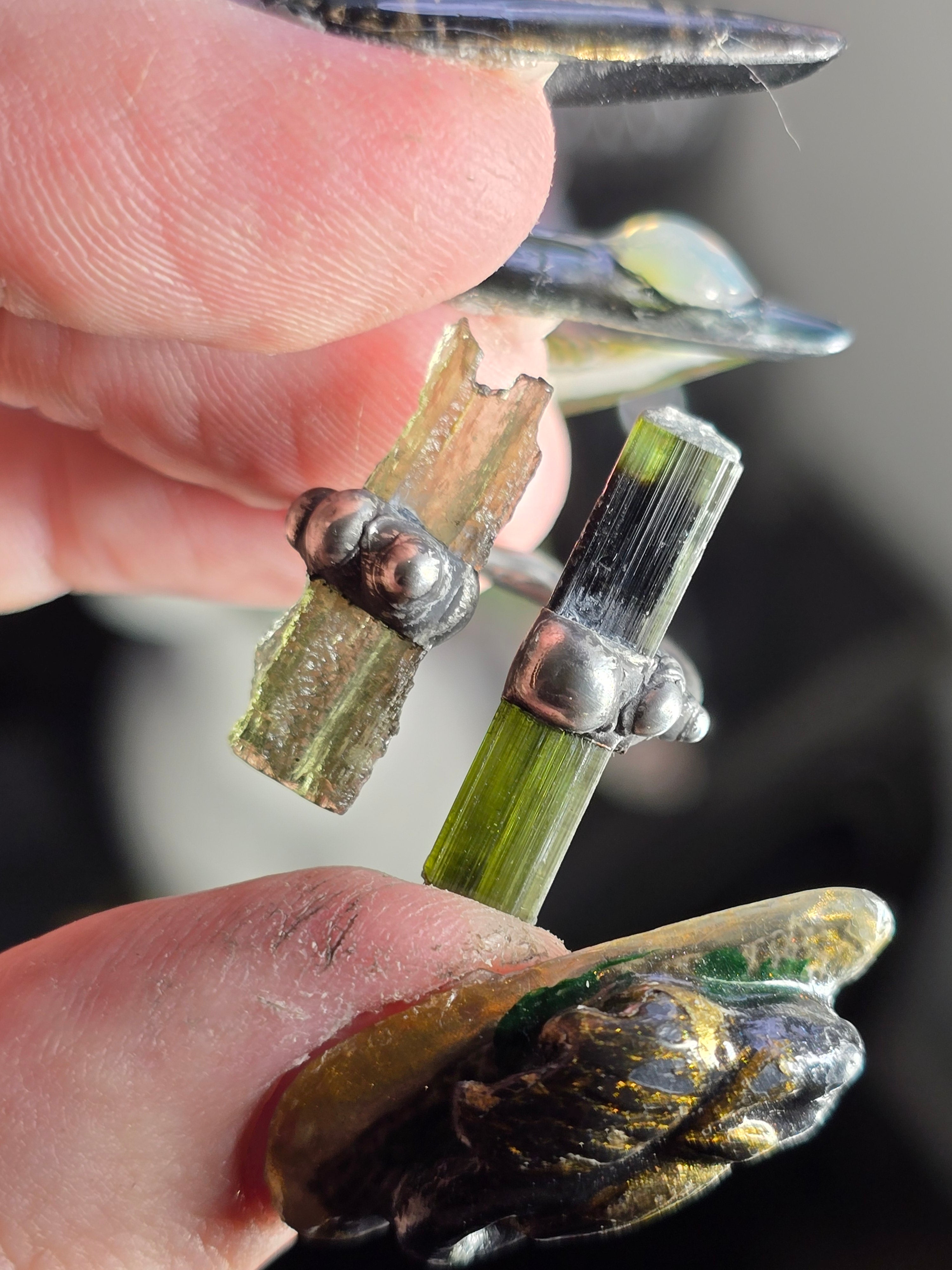 Moldavite & Green Capped Black Tourmaline Ring