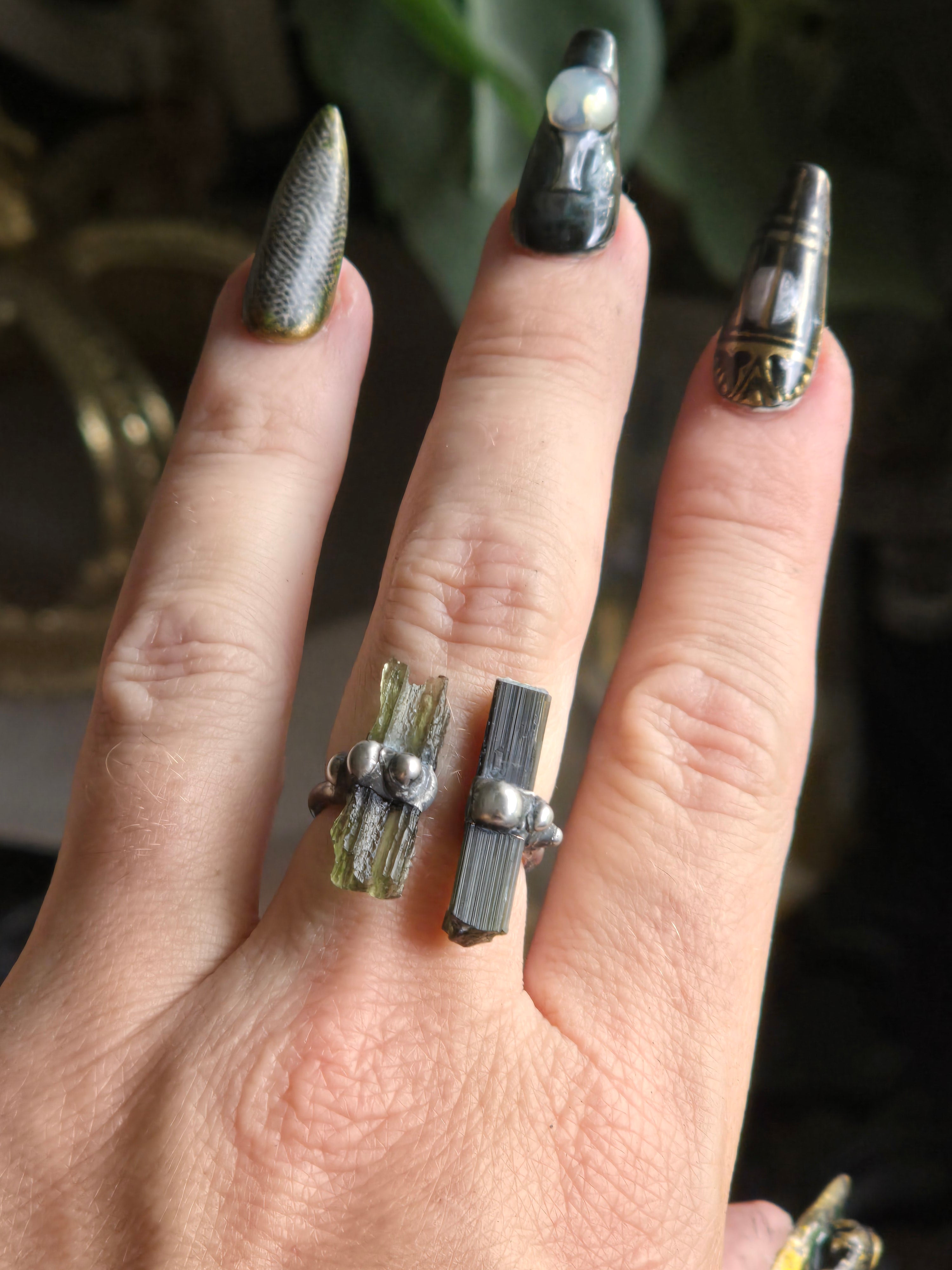 Moldavite & Green Capped Black Tourmaline Ring