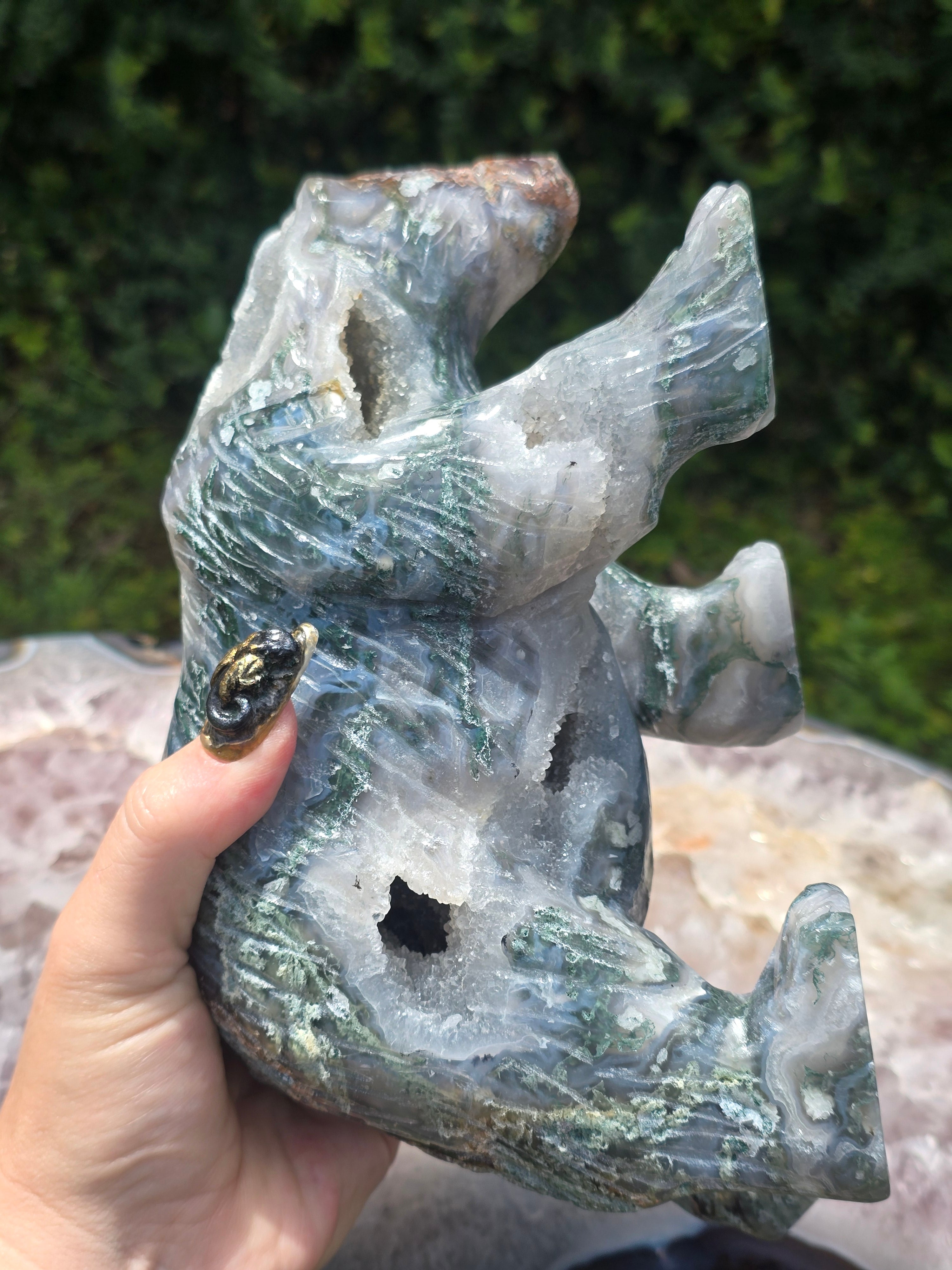 Moss Agate Druzy Bear Carving