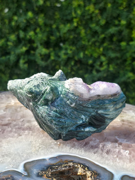 Moss Agate & Amethyst Wolf Head