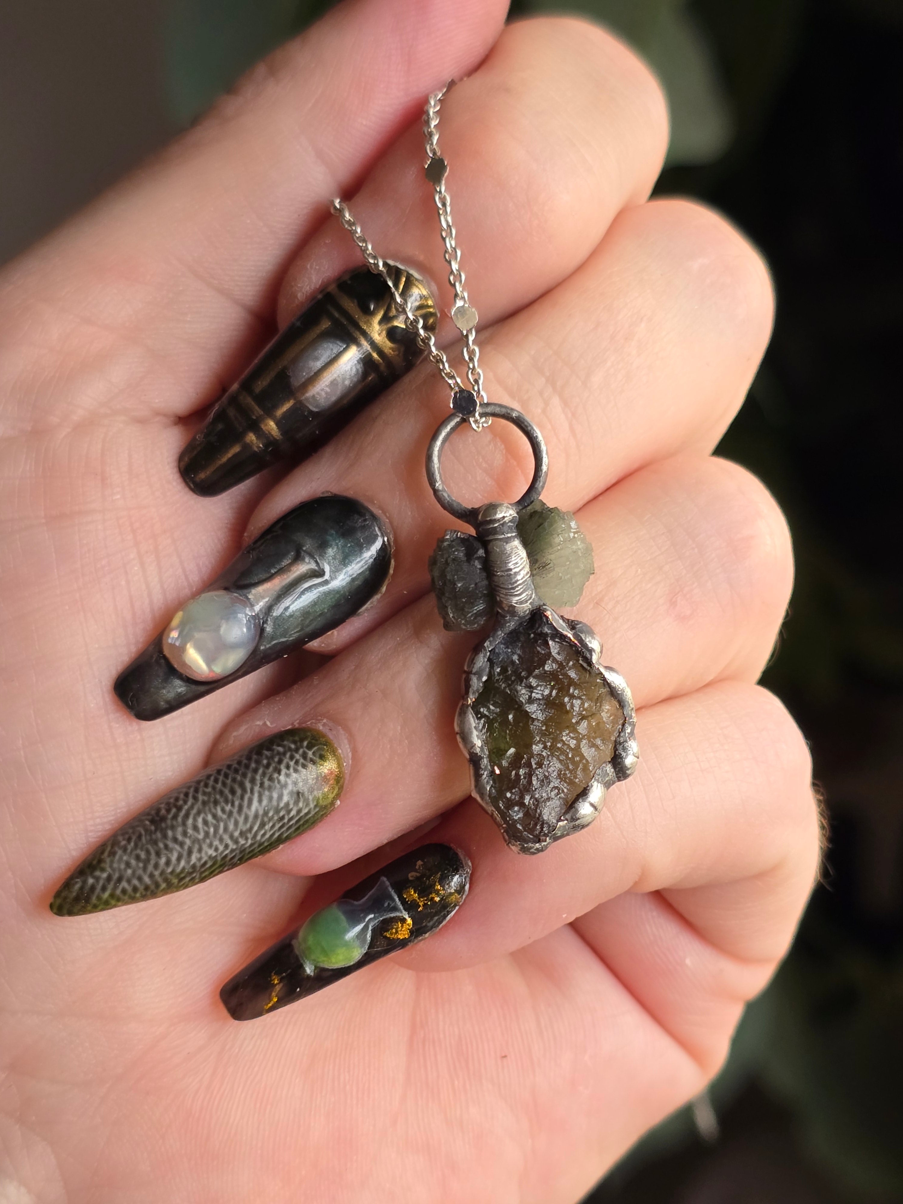 Moldavite & Bicoloured Bowtie Prehenite Pendant