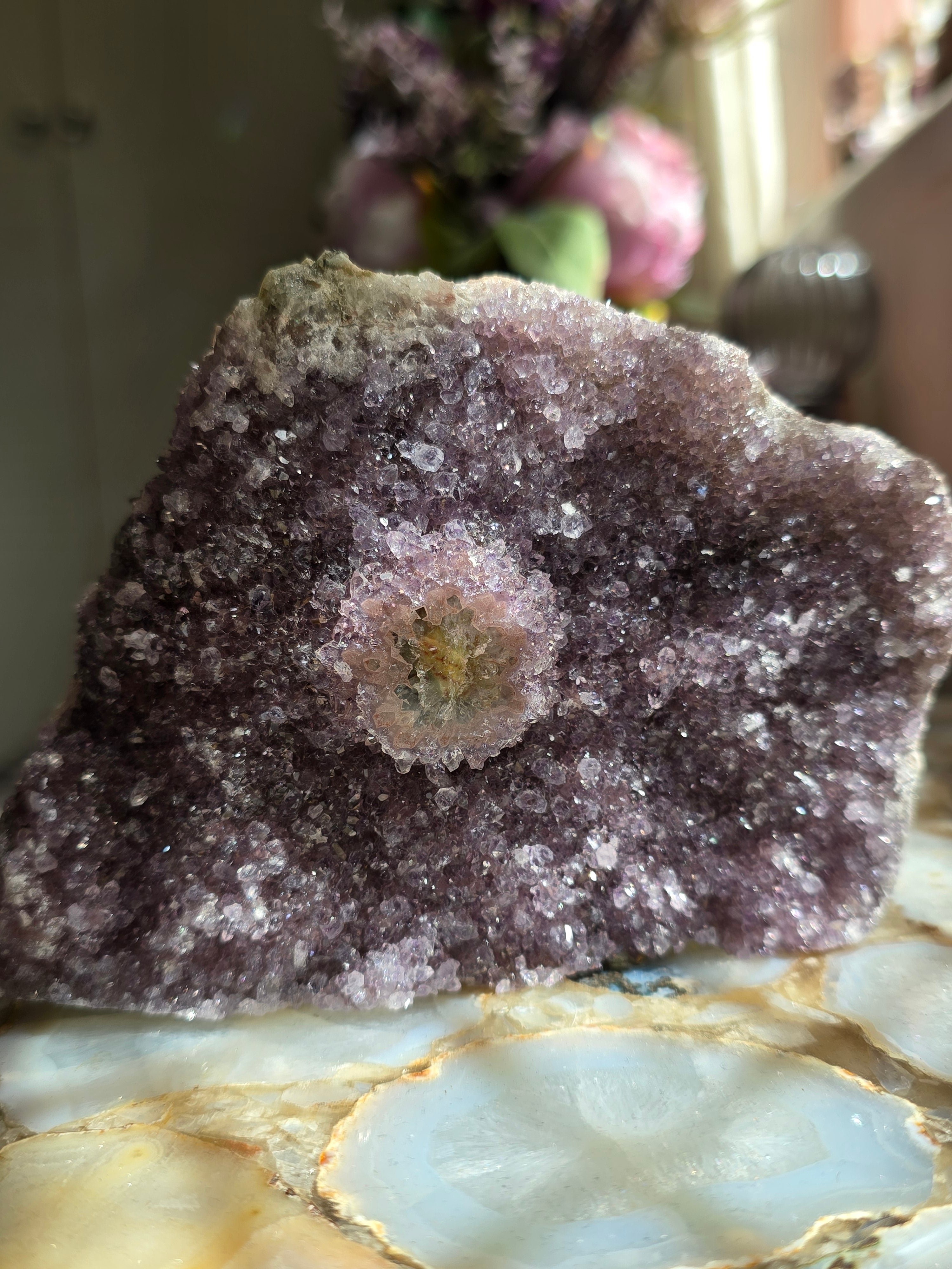 Rare Rainbow Amethyst Cluster With Polished Stalactite Flower