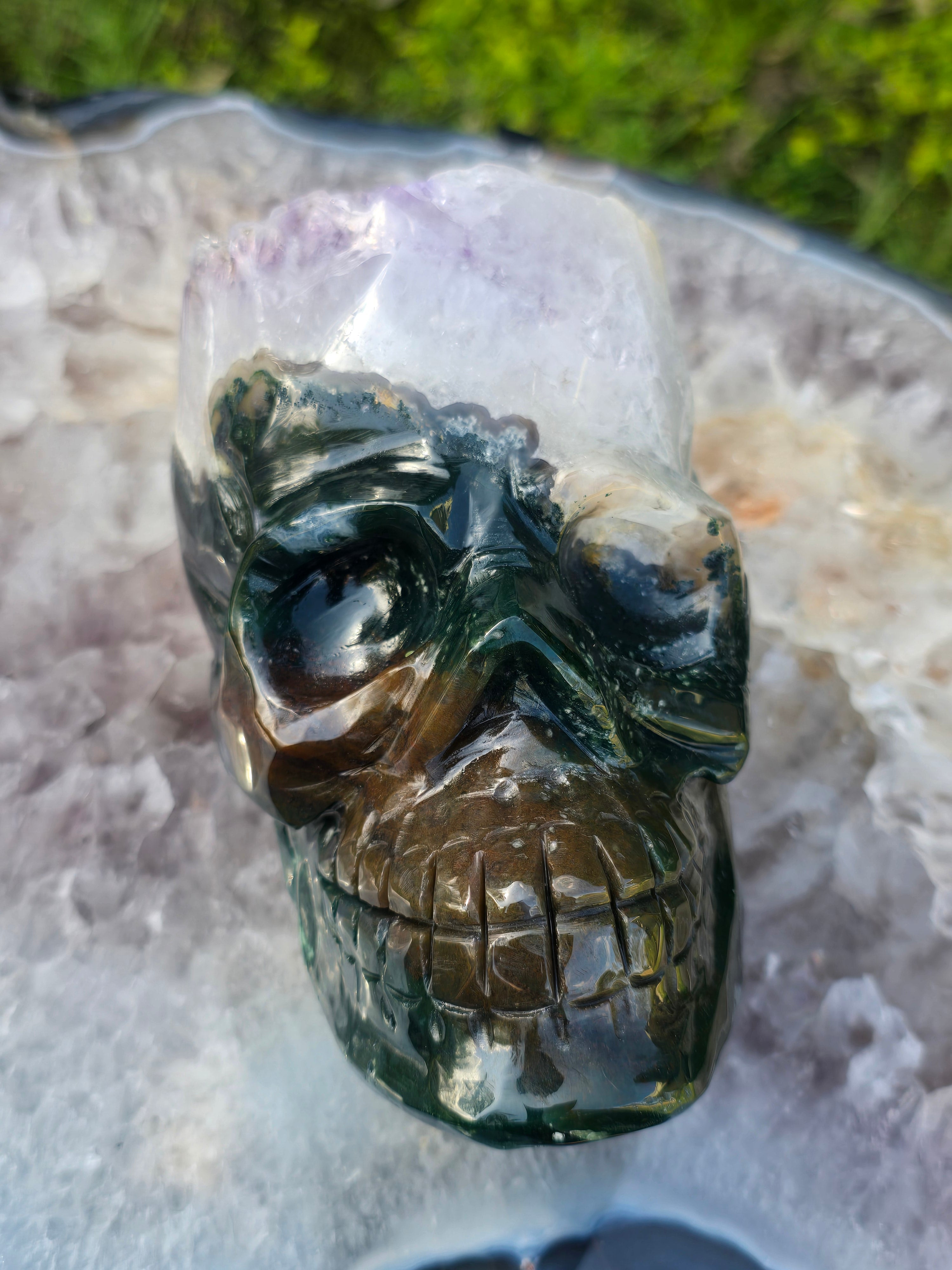 Moss Agate & Amethyst Skull