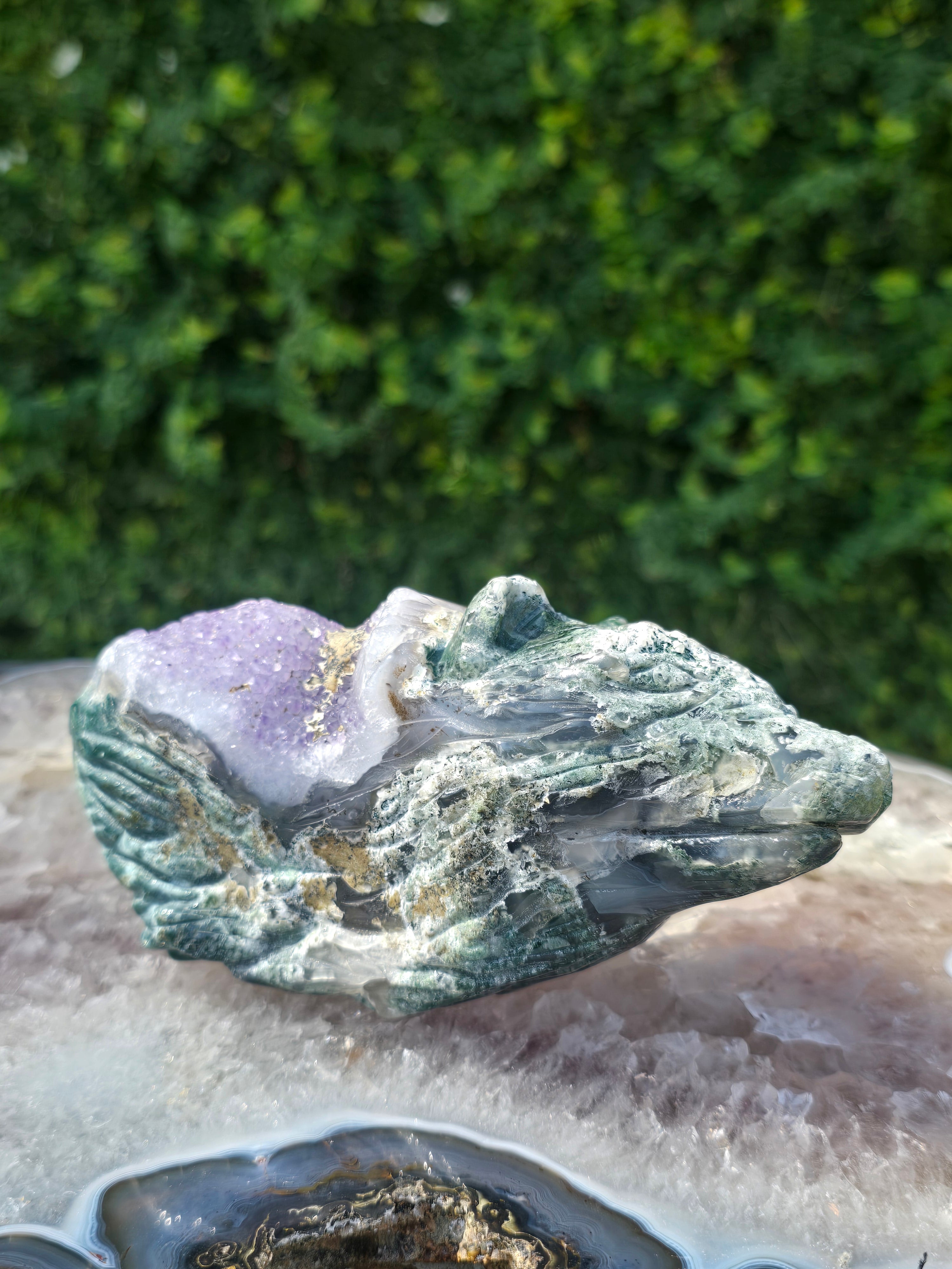 Moss Agate & Amethyst Wolf Head