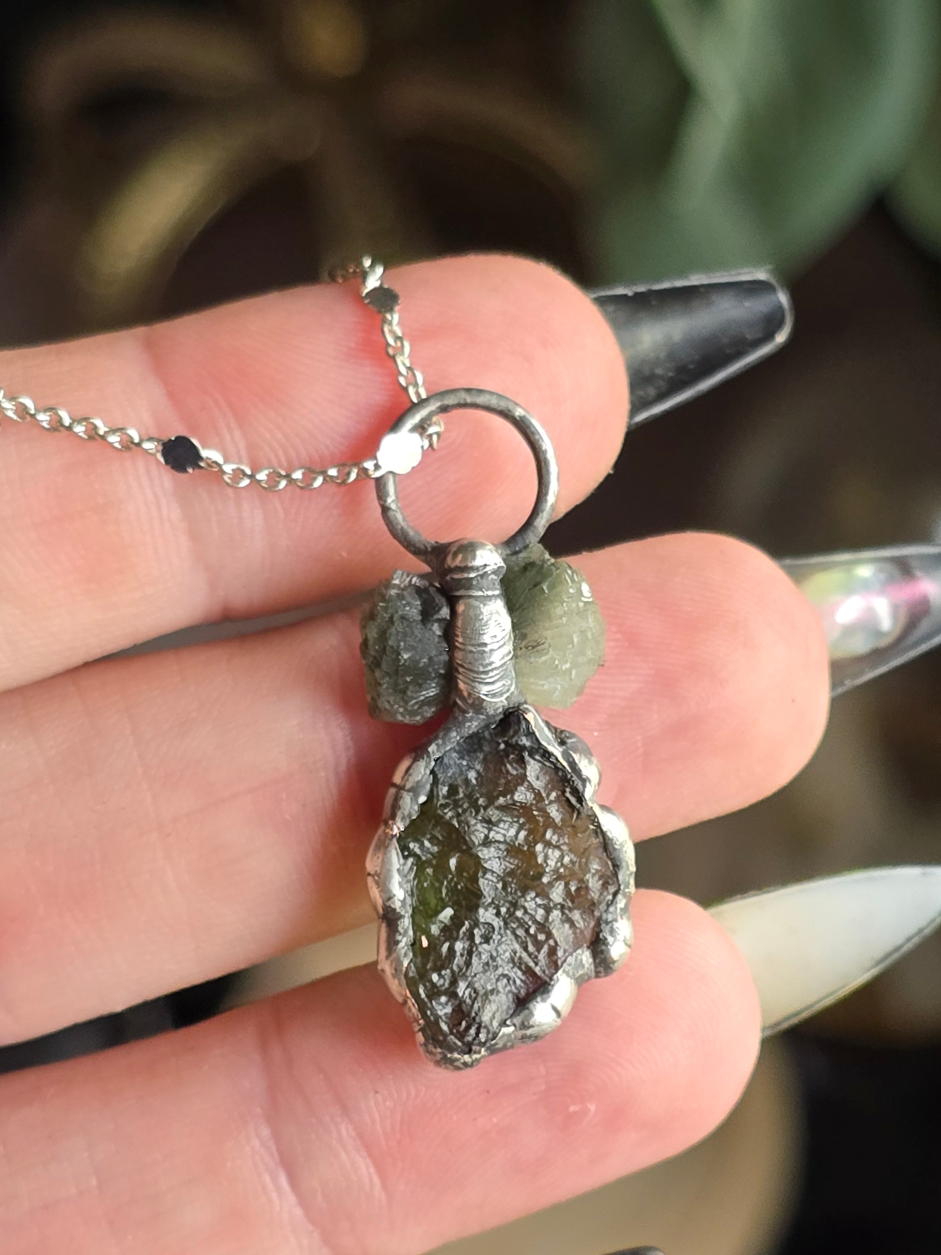 Moldavite & Bicoloured Bowtie Prehenite Pendant