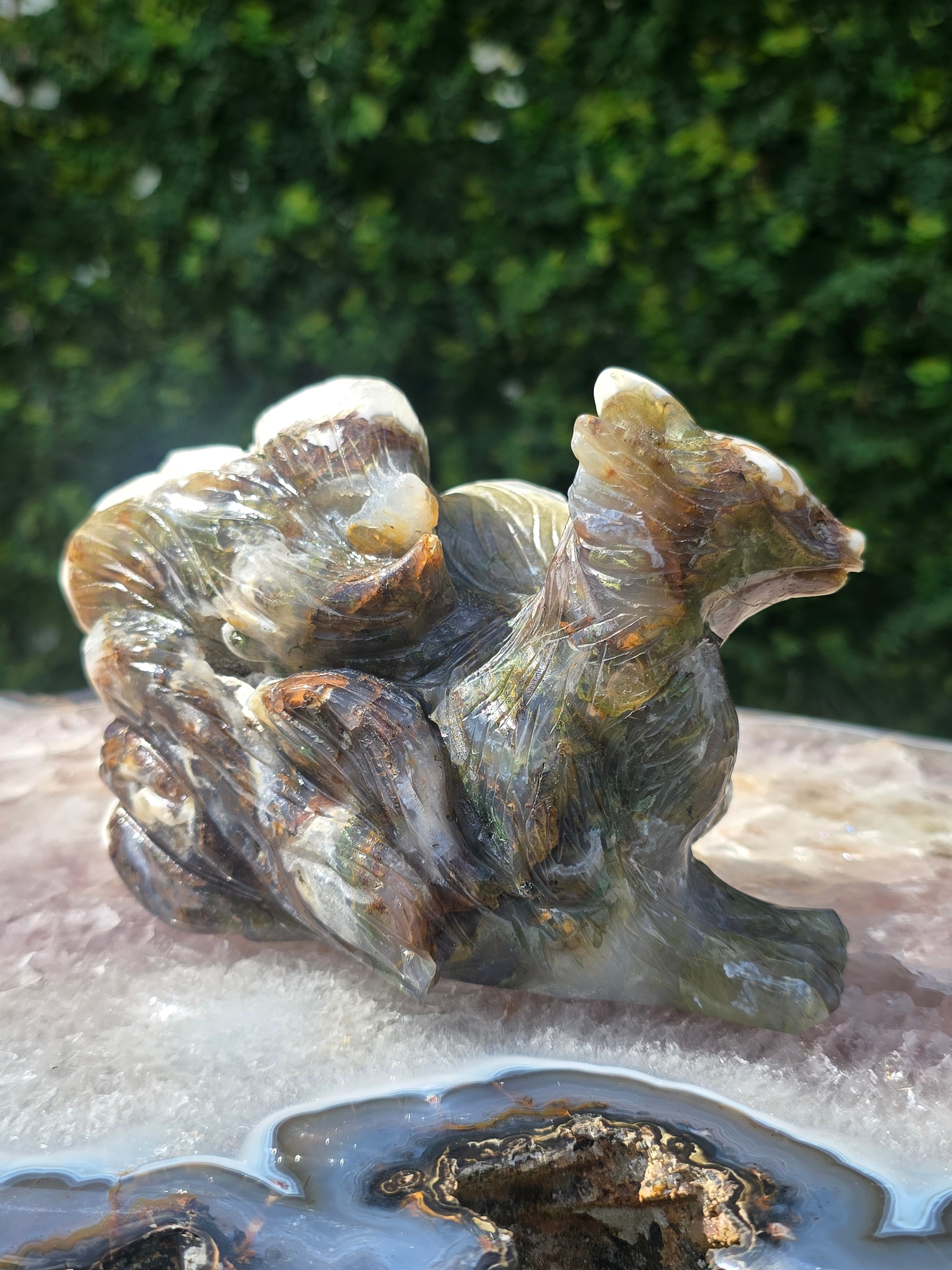 Moss Agate 7 Tail Fox Carving