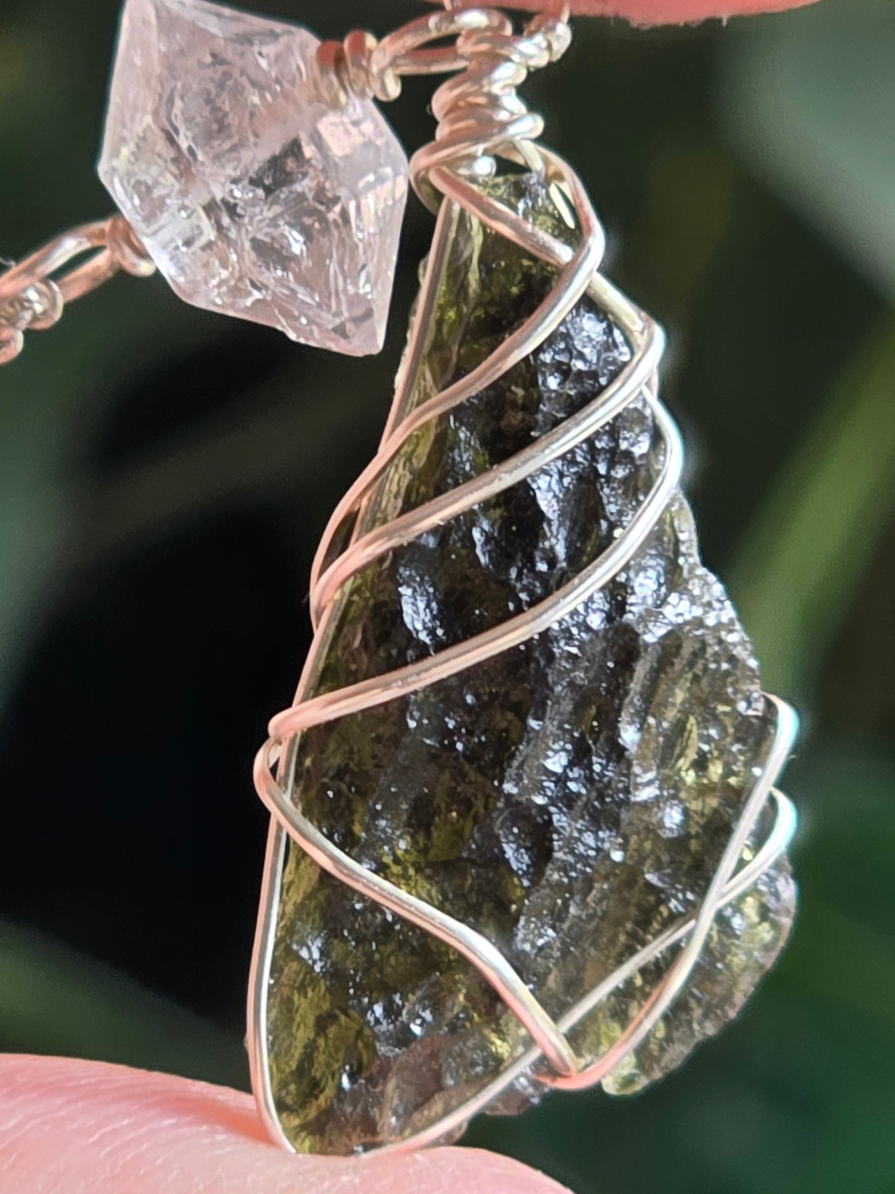 Moldavite Dragonfly Wing & Herkimer Diamond Necklace