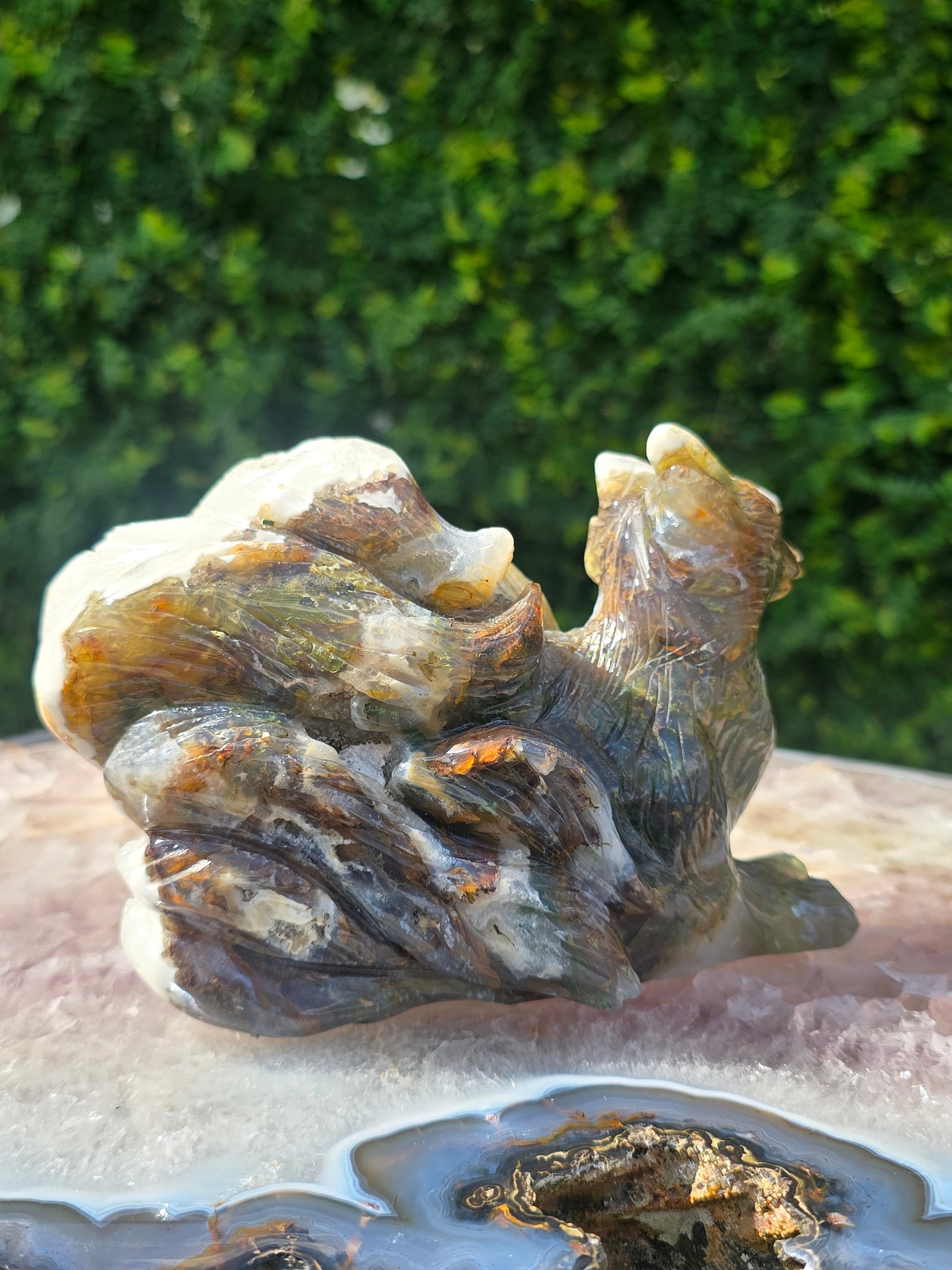 Moss Agate 7 Tail Fox Carving