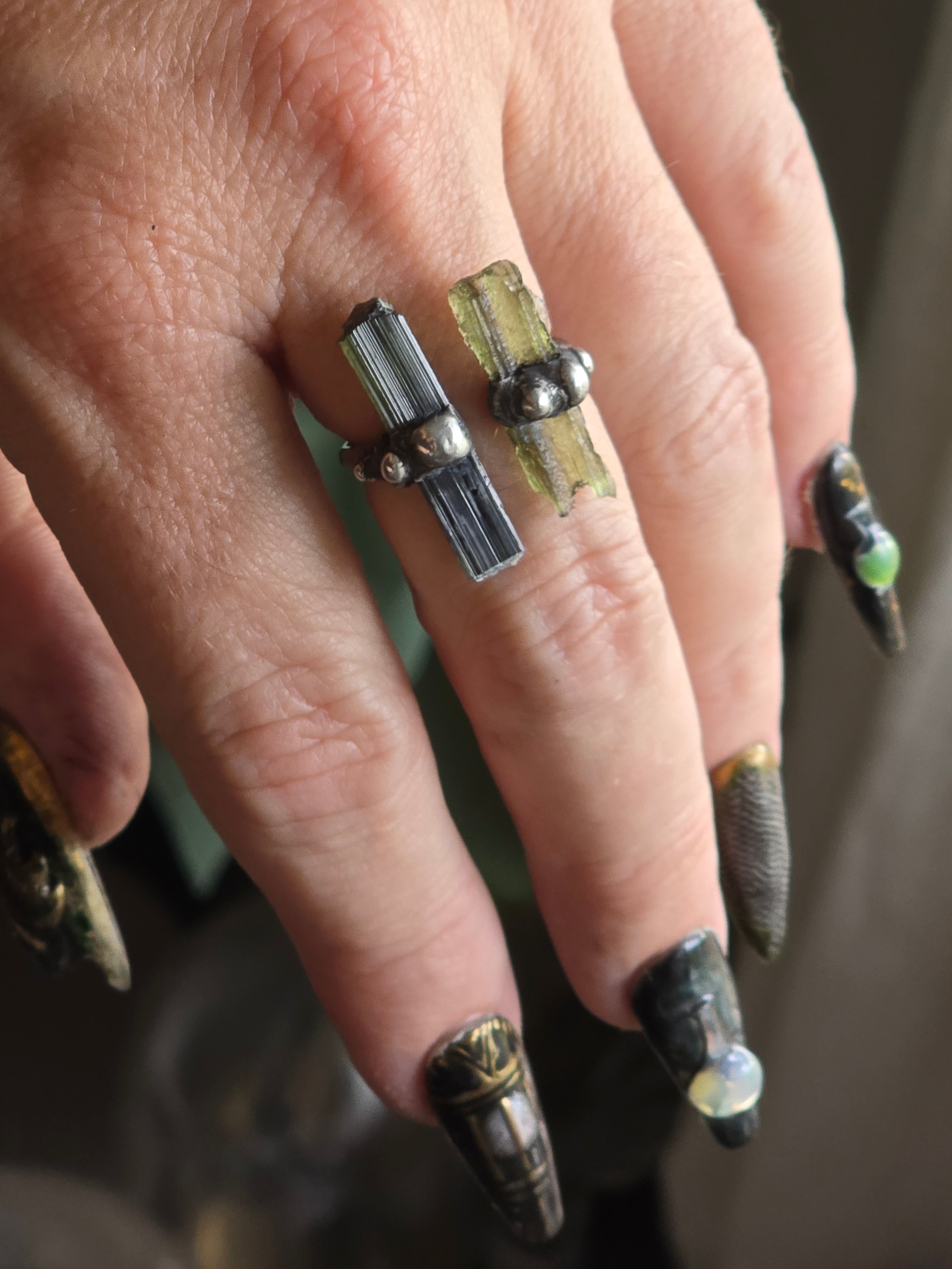 Moldavite & Green Capped Black Tourmaline Ring