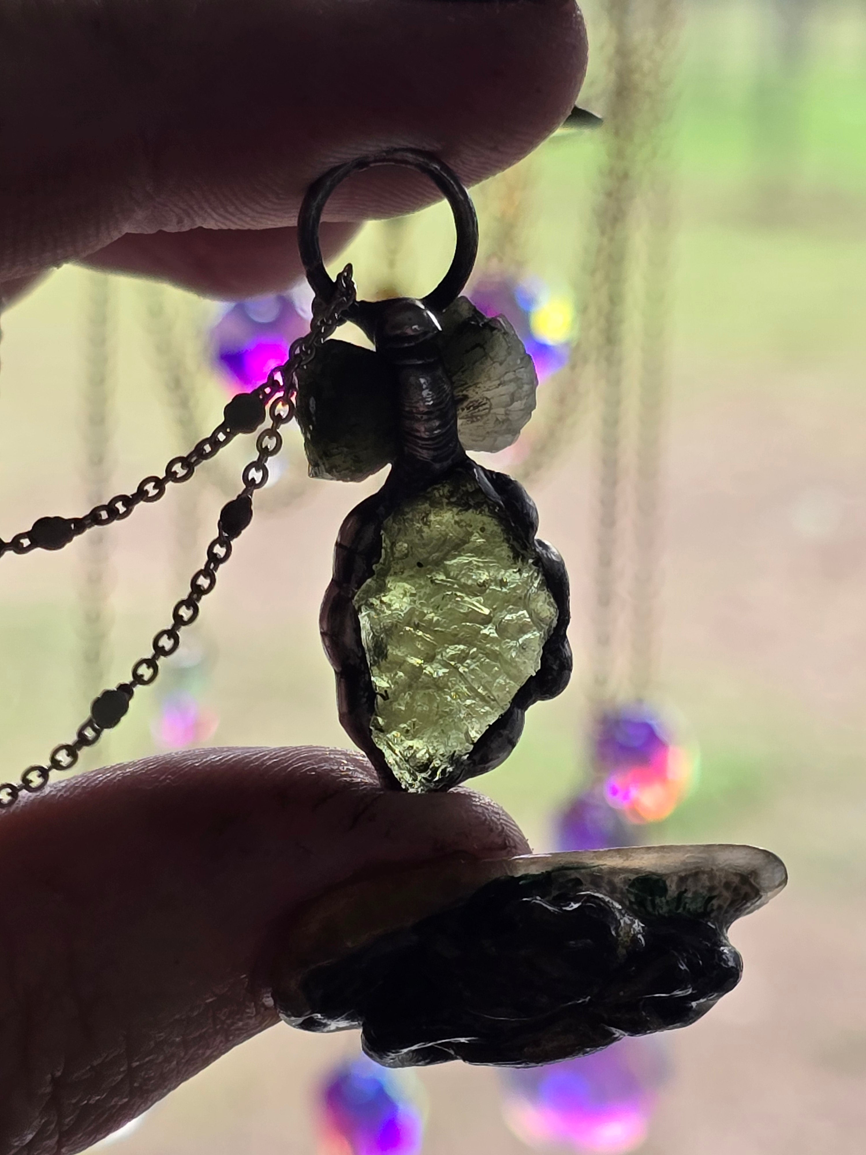 Moldavite & Bicoloured Bowtie Prehenite Pendant