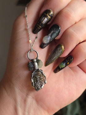 Moldavite & Bicoloured Bowtie Prehenite Pendant