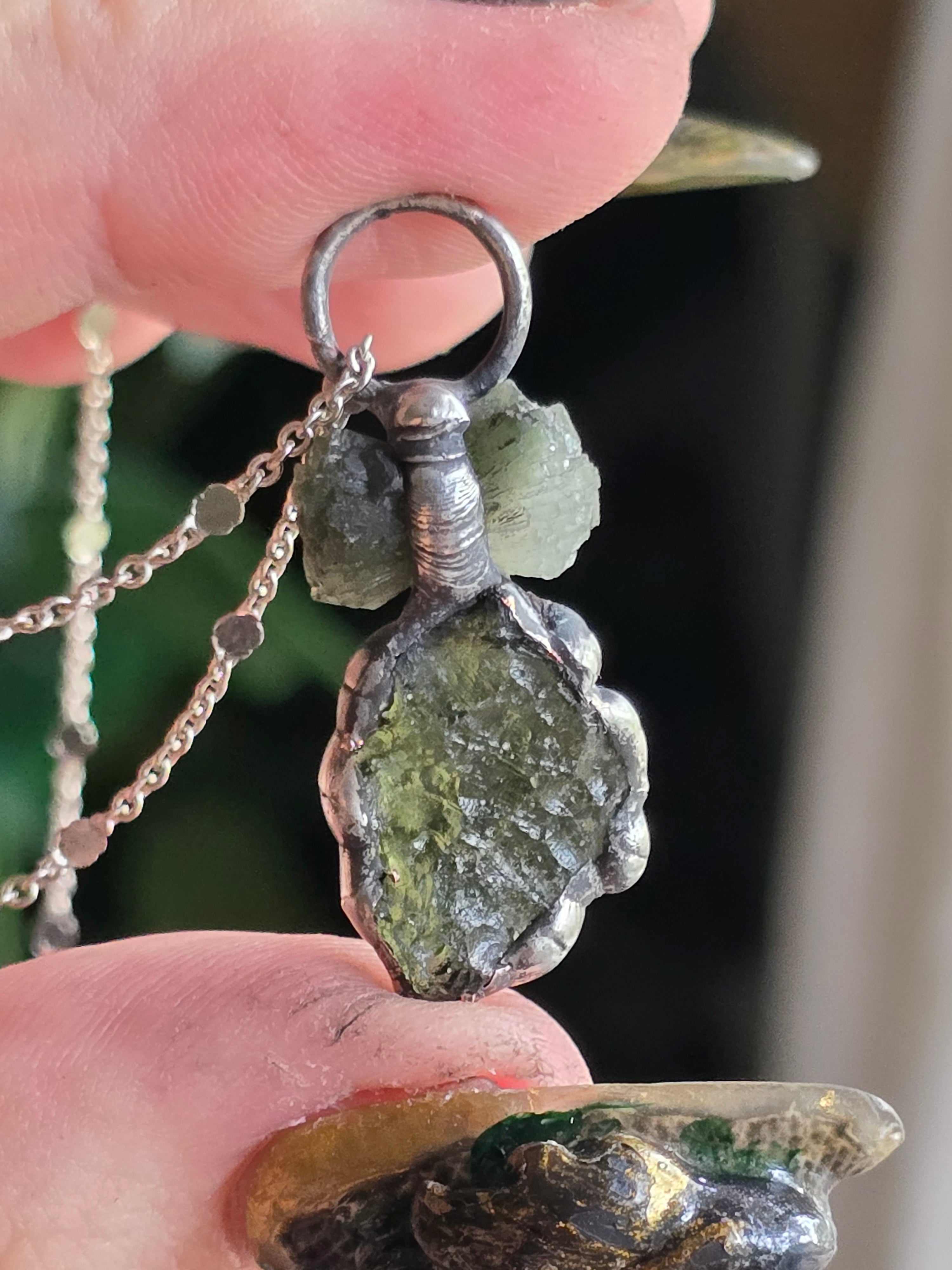 Moldavite & Bicoloured Bowtie Prehenite Pendant