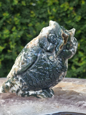 Moss Agate Owl Carving