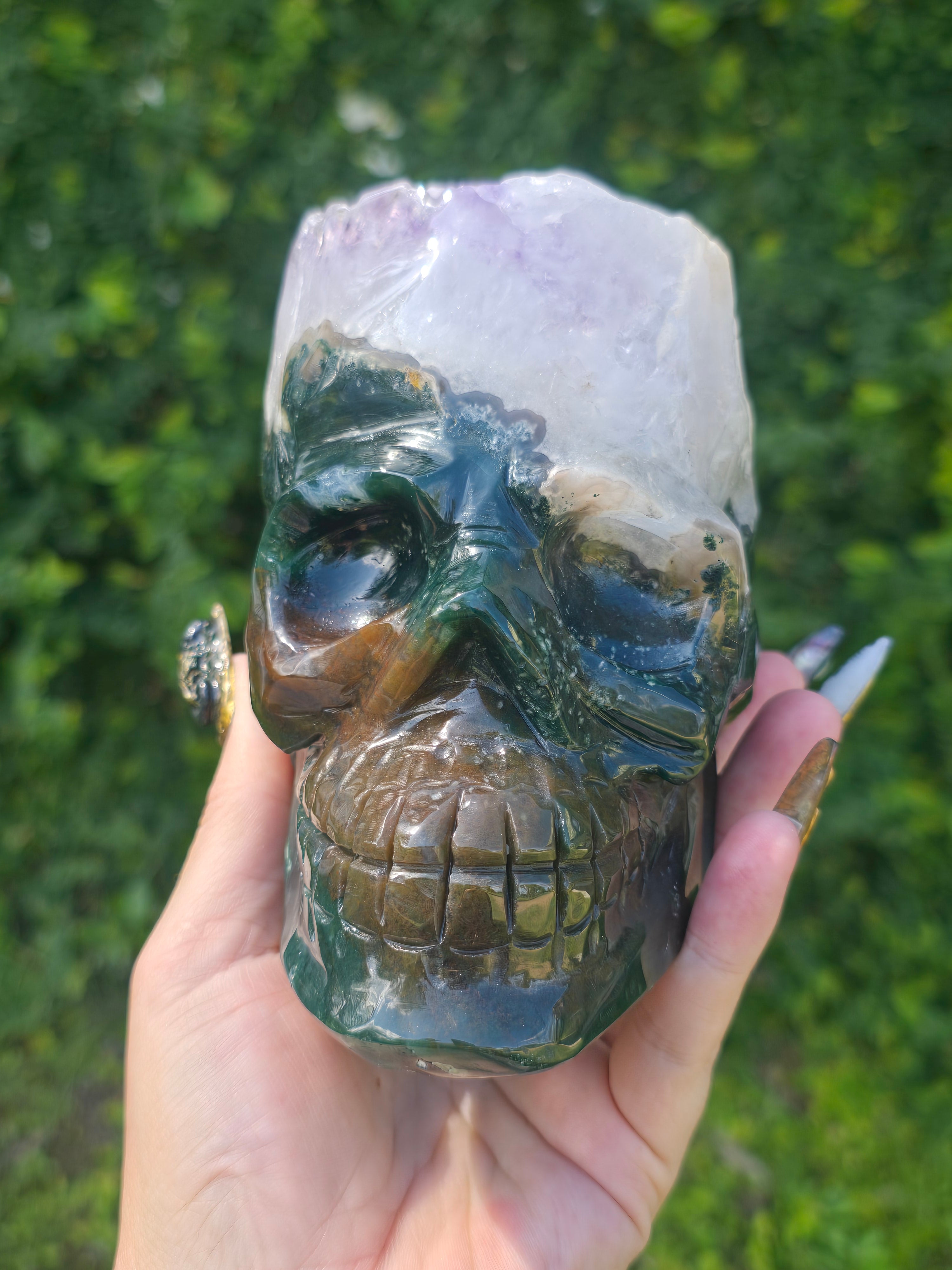 Moss Agate & Amethyst Skull