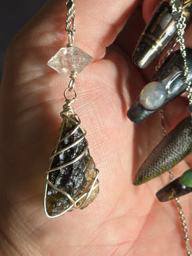 Moldavite Dragonfly Wing & Herkimer Diamond Necklace