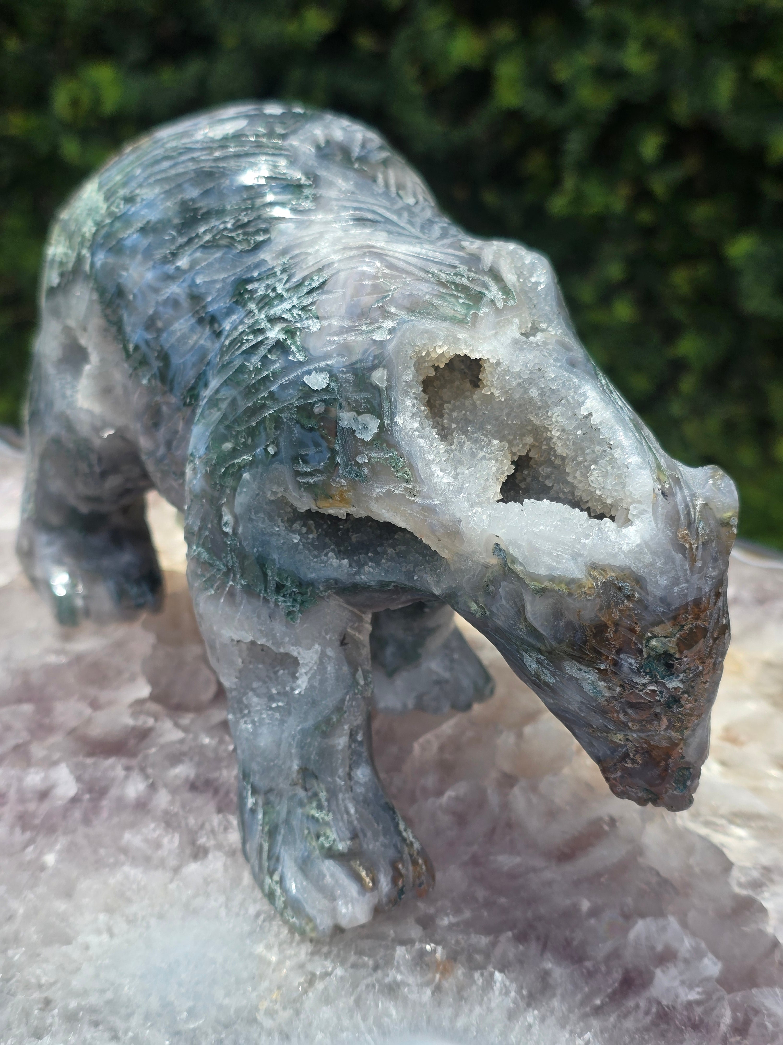 Moss Agate Druzy Bear Carving