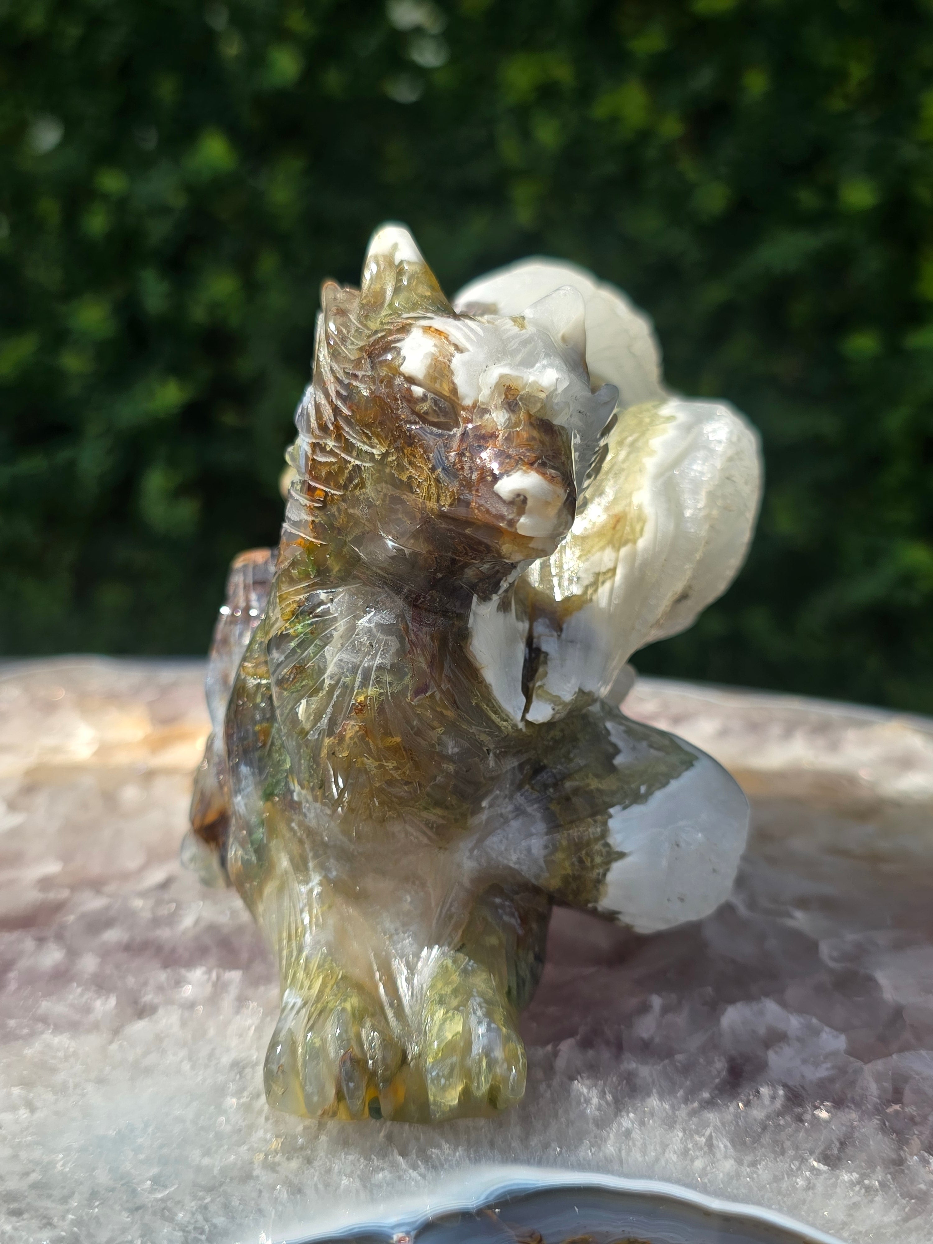 Moss Agate 7 Tail Fox Carving