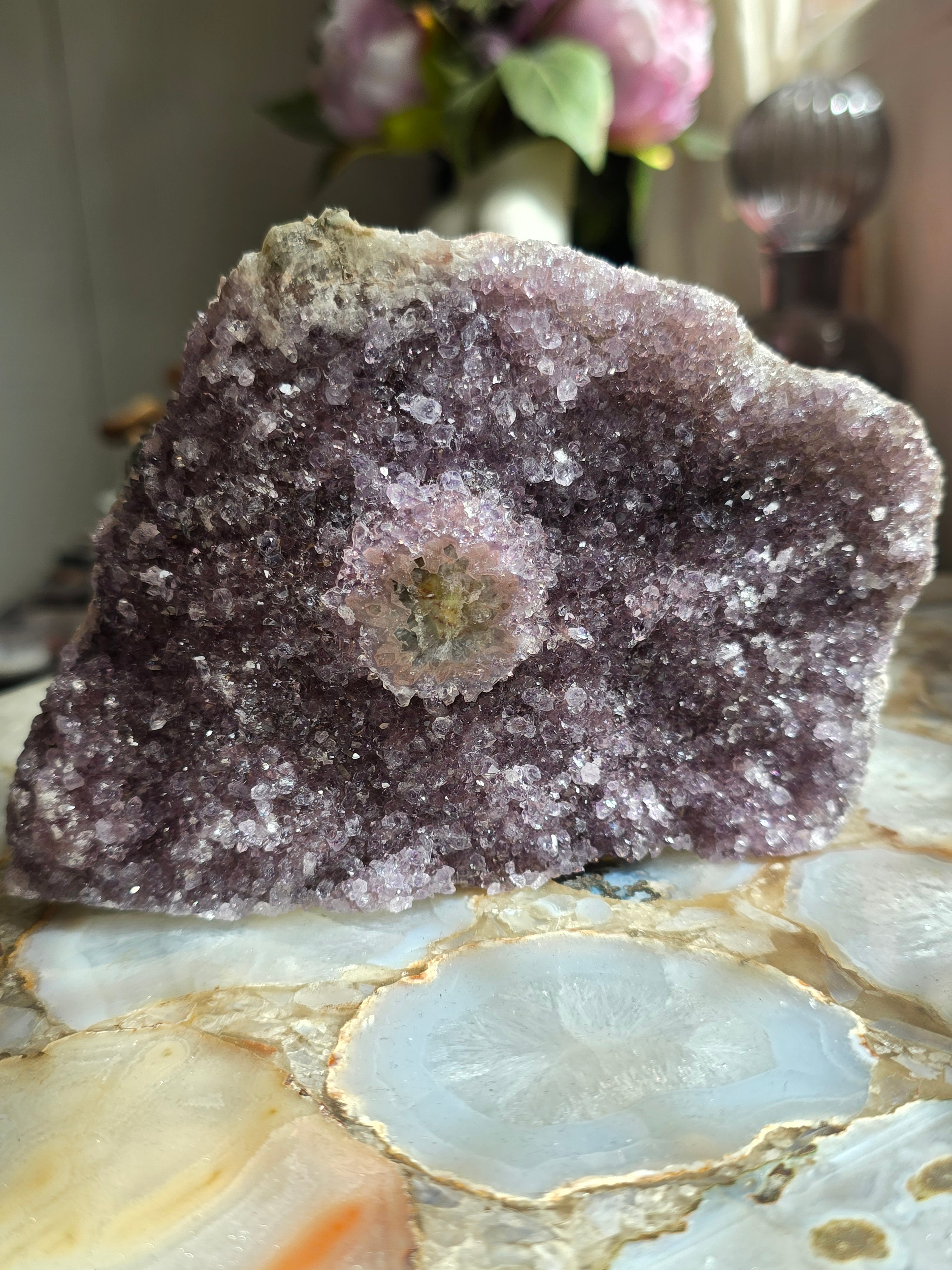 Rare Rainbow Amethyst Cluster With Polished Stalactite Flower