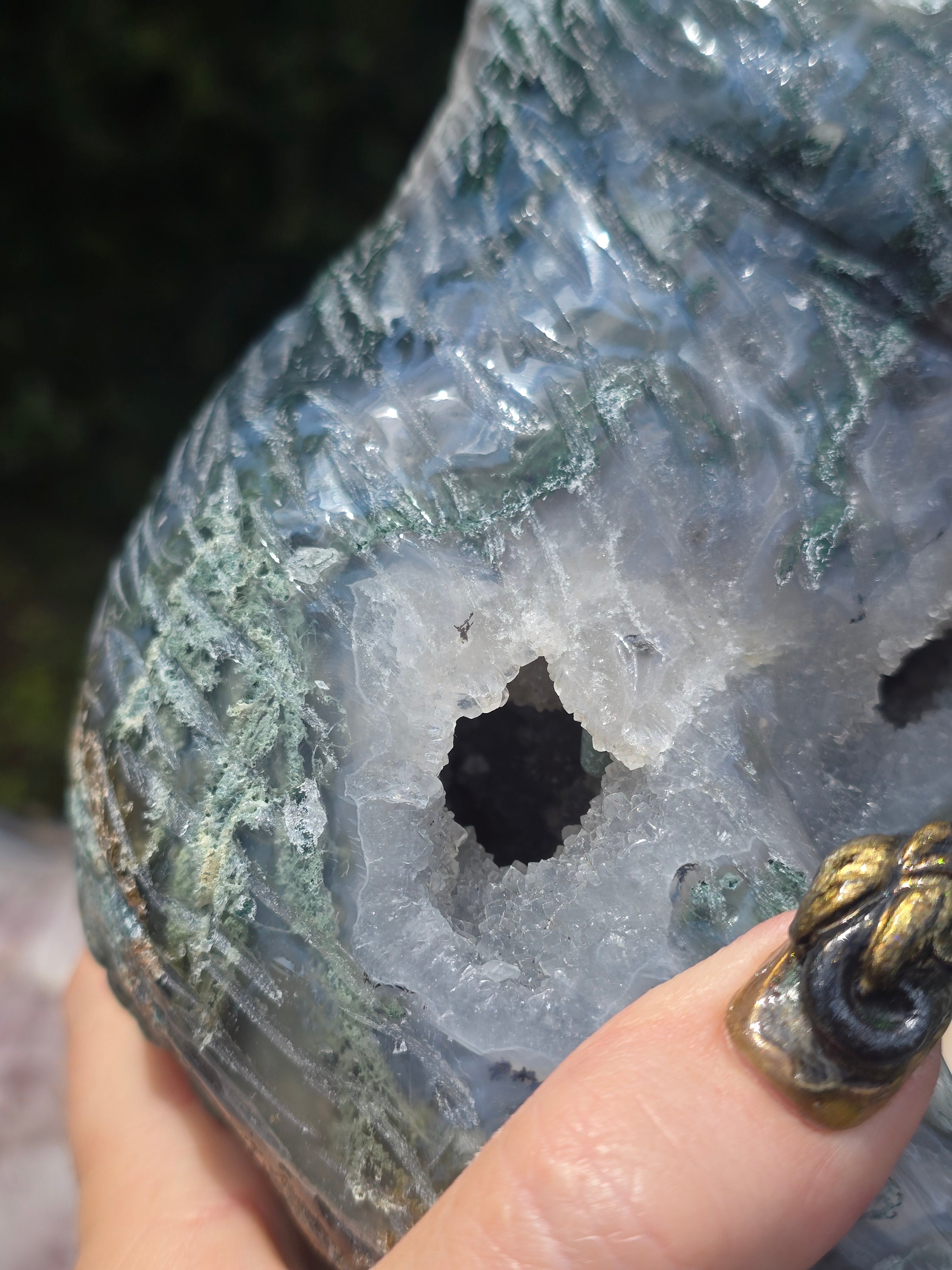 Moss Agate Druzy Bear Carving