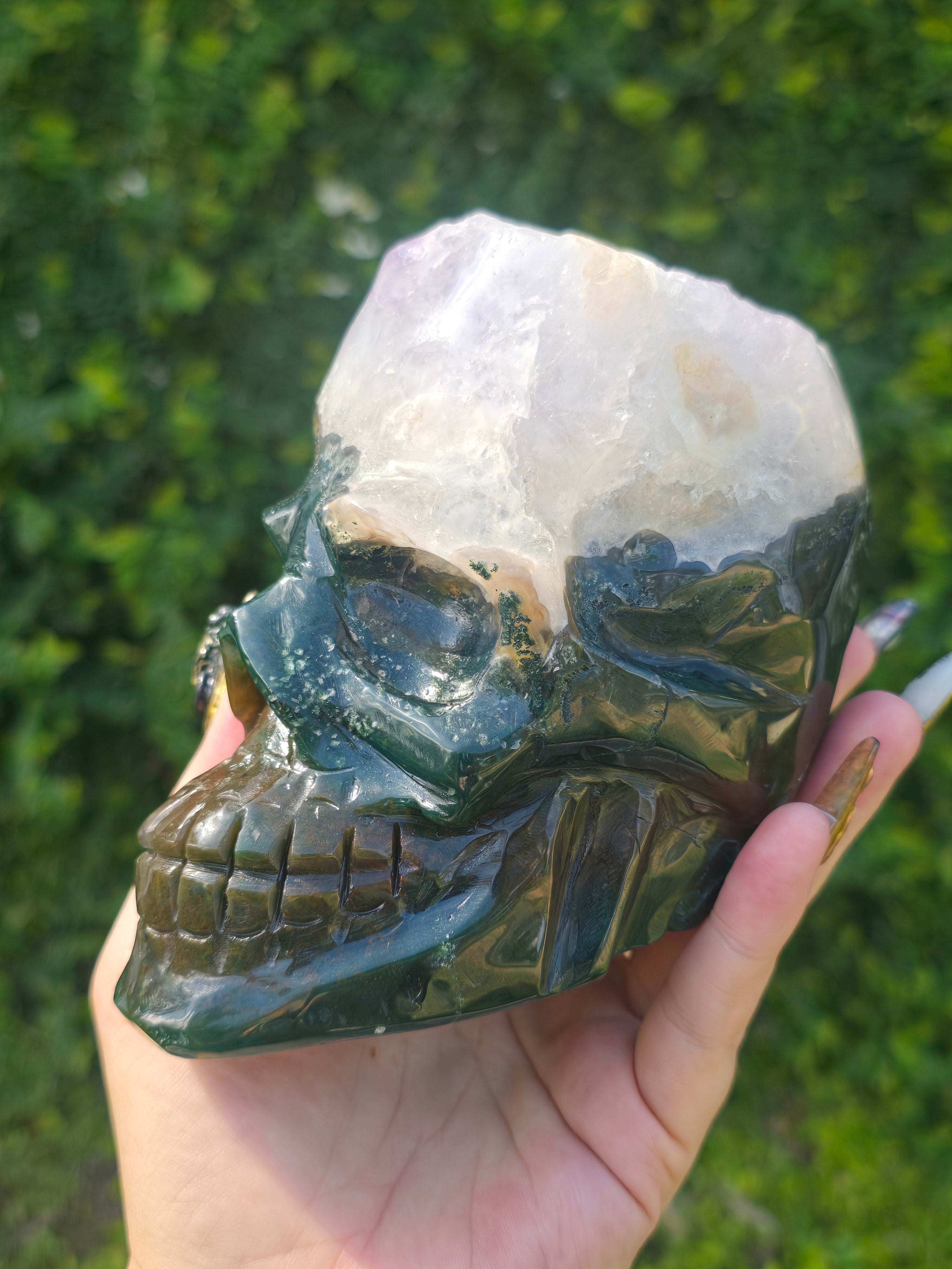 Moss Agate & Amethyst Skull