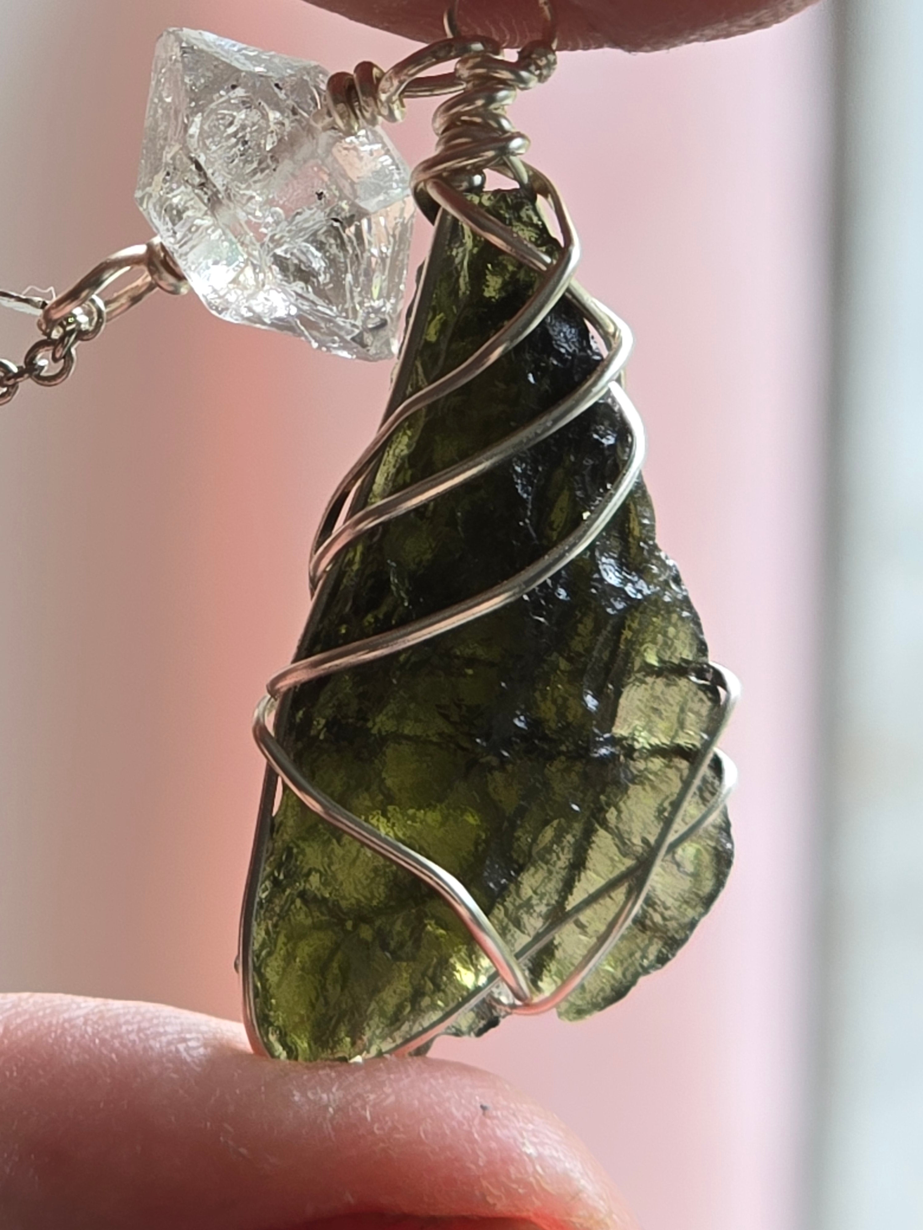 Moldavite Dragonfly Wing & Herkimer Diamond Necklace