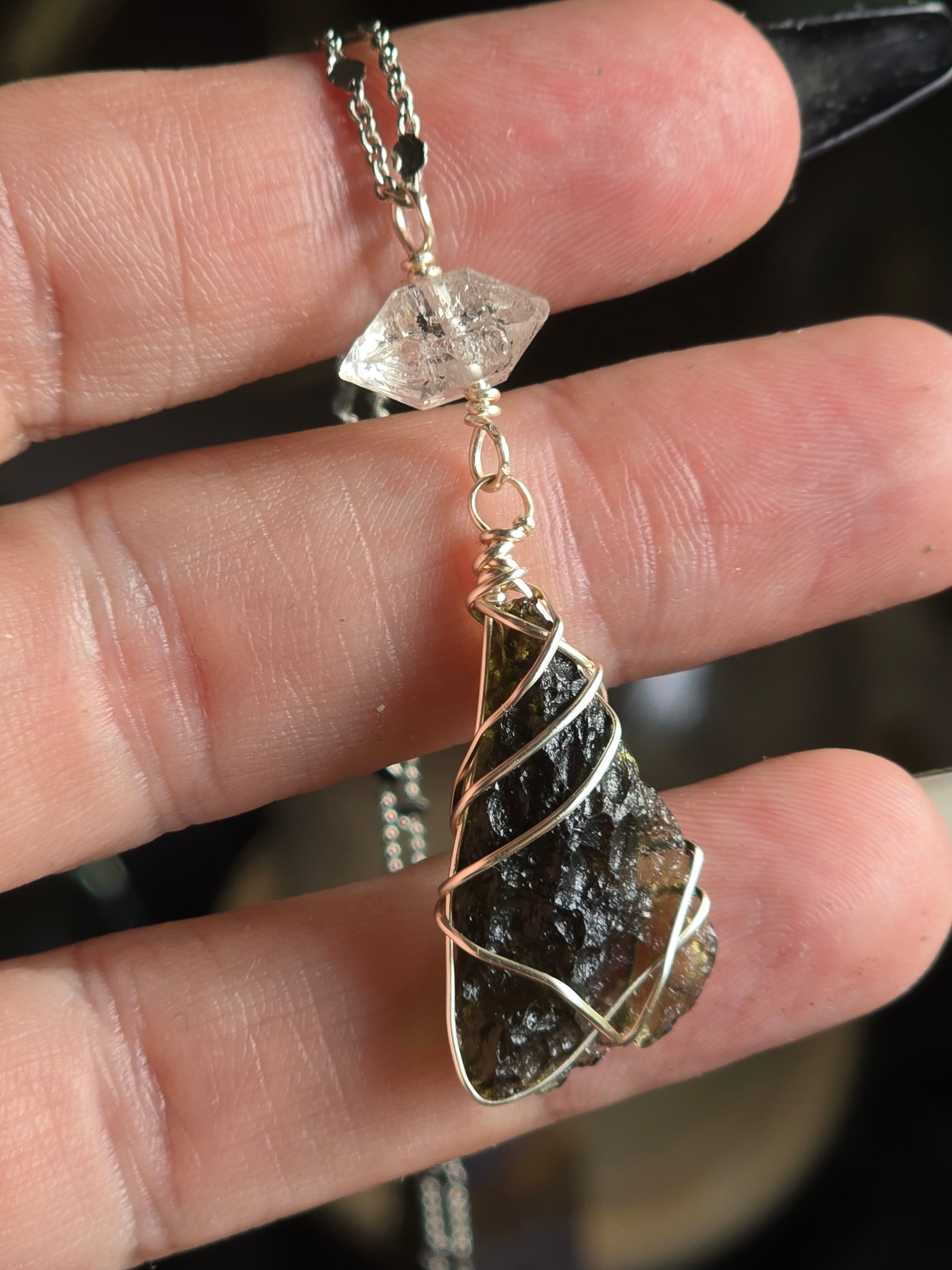 Moldavite Dragonfly Wing & Herkimer Diamond Necklace