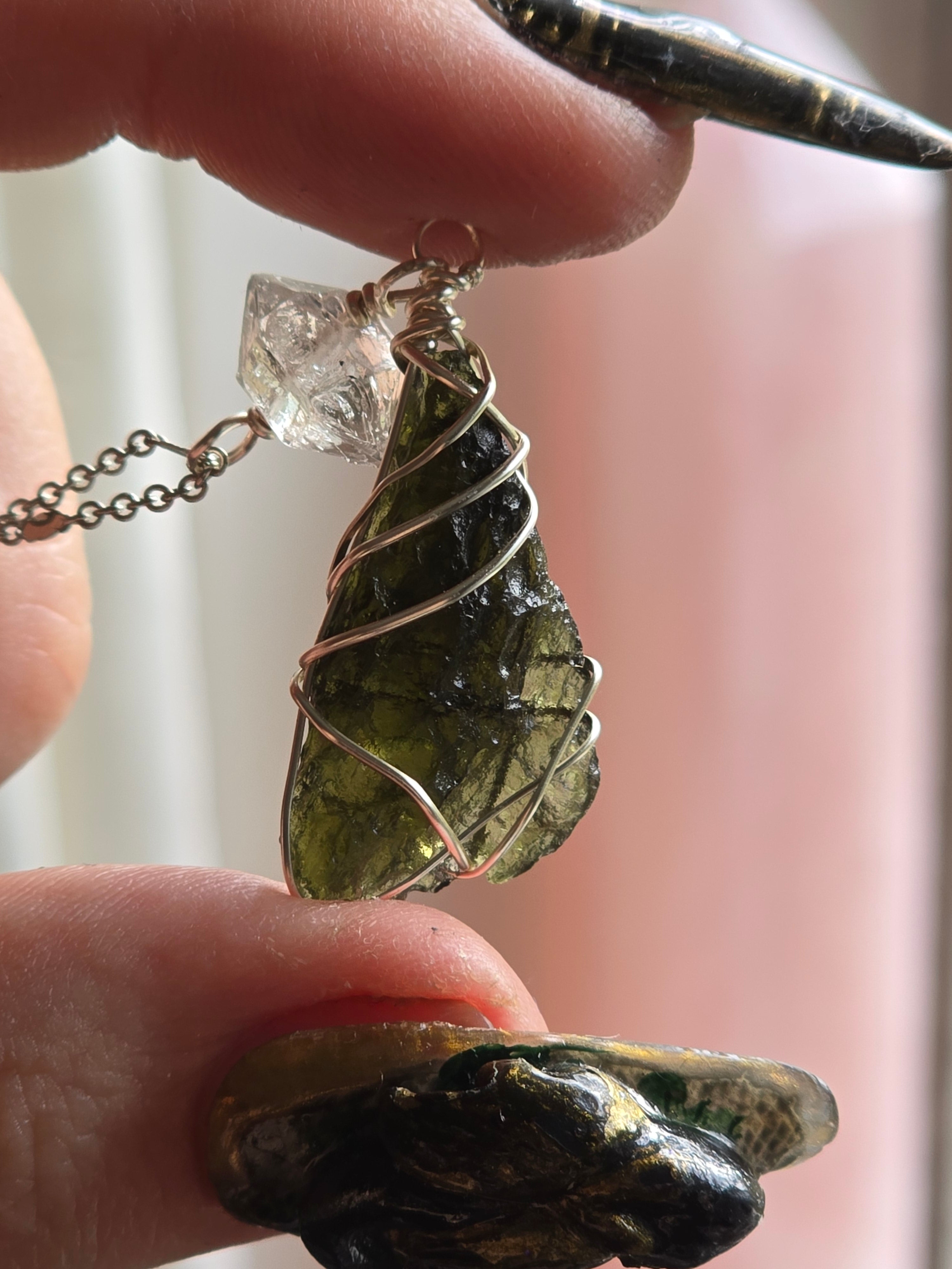 Moldavite Dragonfly Wing & Herkimer Diamond Necklace