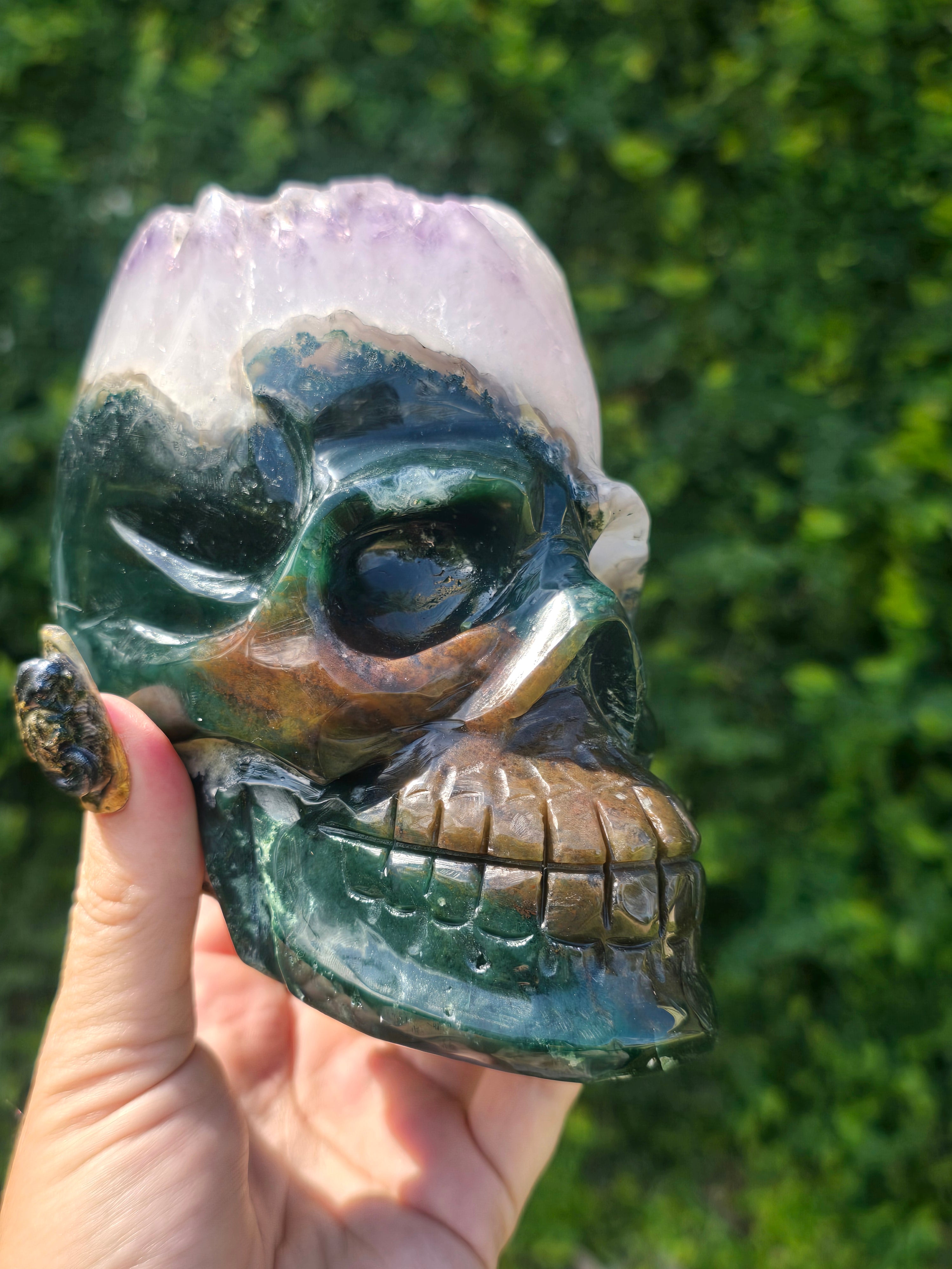 Moss Agate & Amethyst Skull