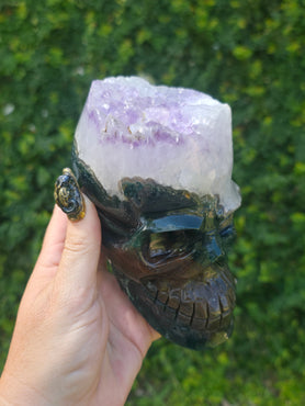 Moss Agate & Amethyst Skull