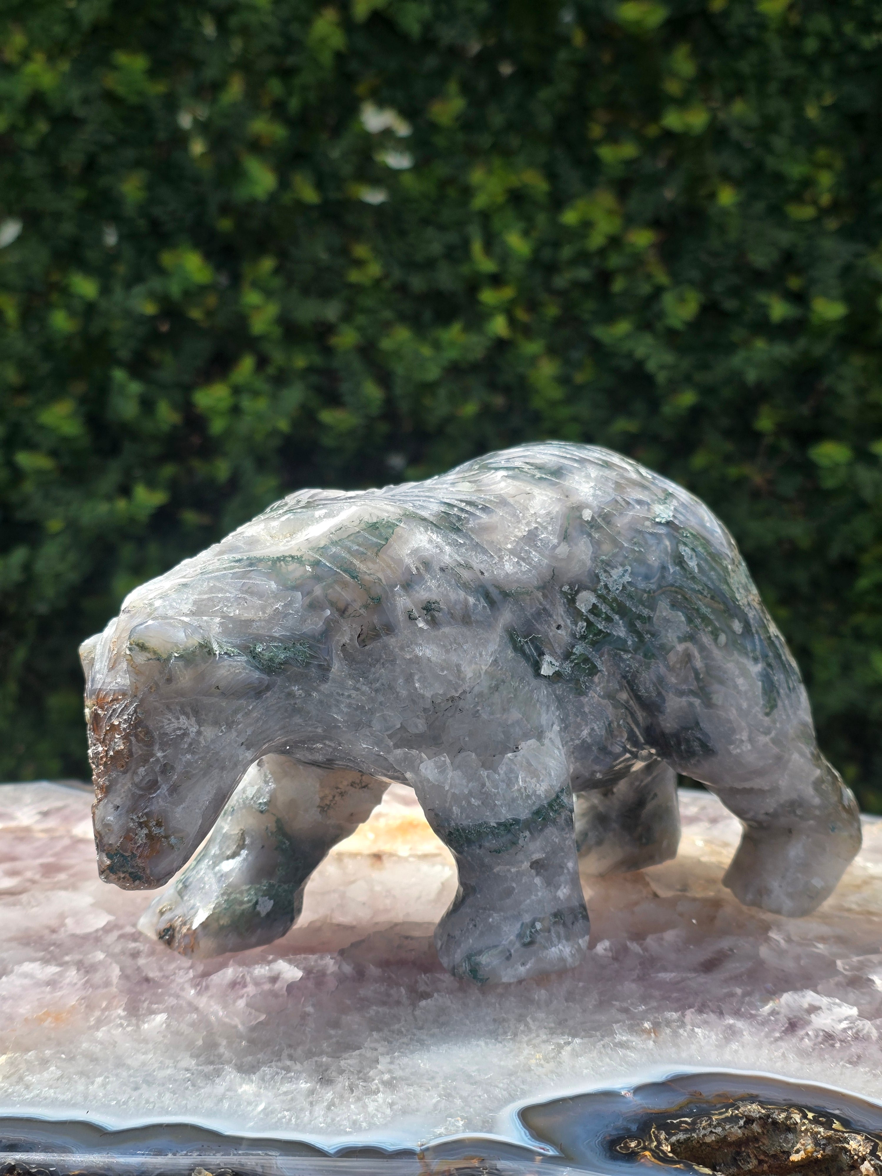 Moss Agate Druzy Bear Carving