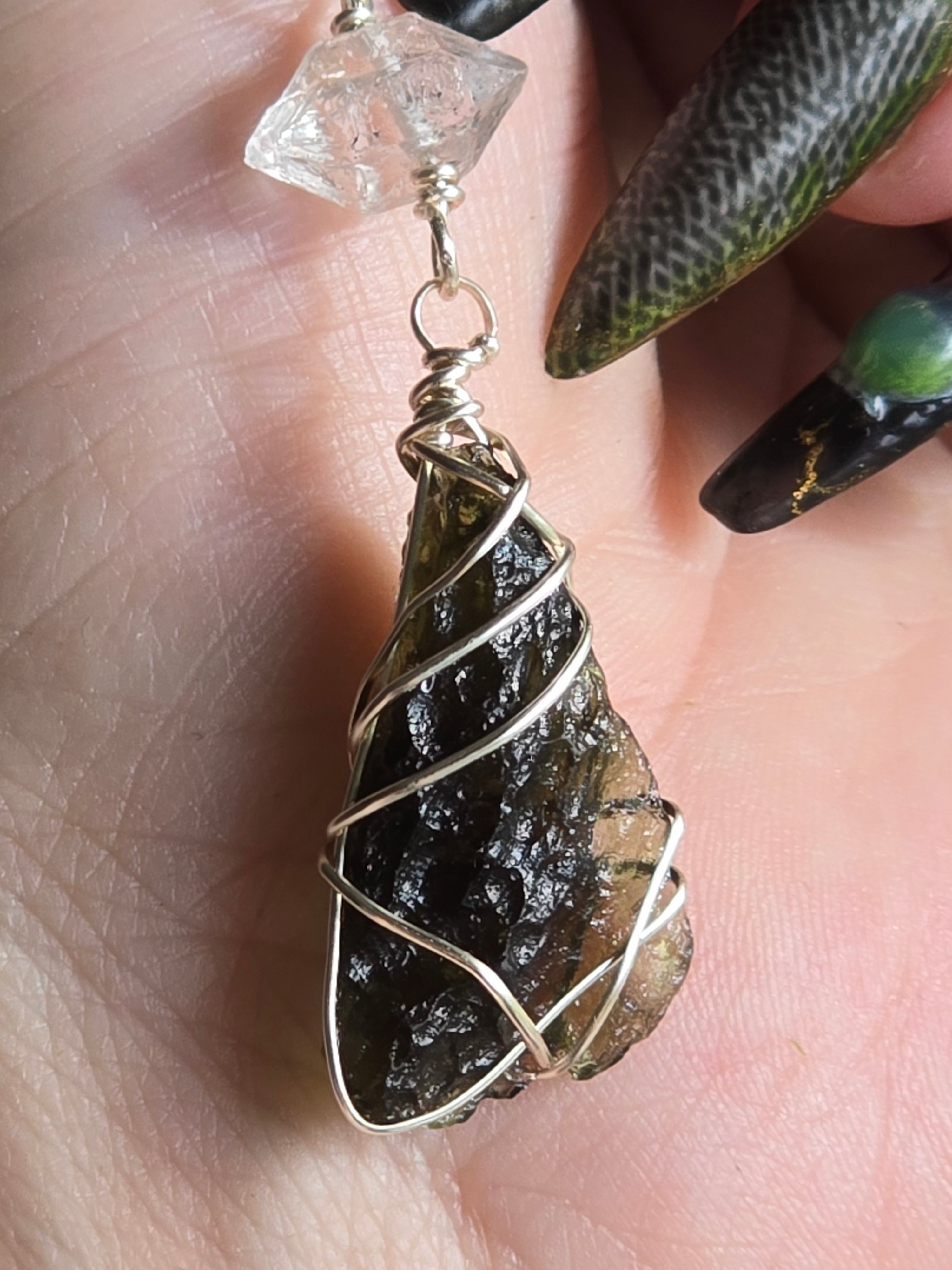 Moldavite Dragonfly Wing & Herkimer Diamond Necklace