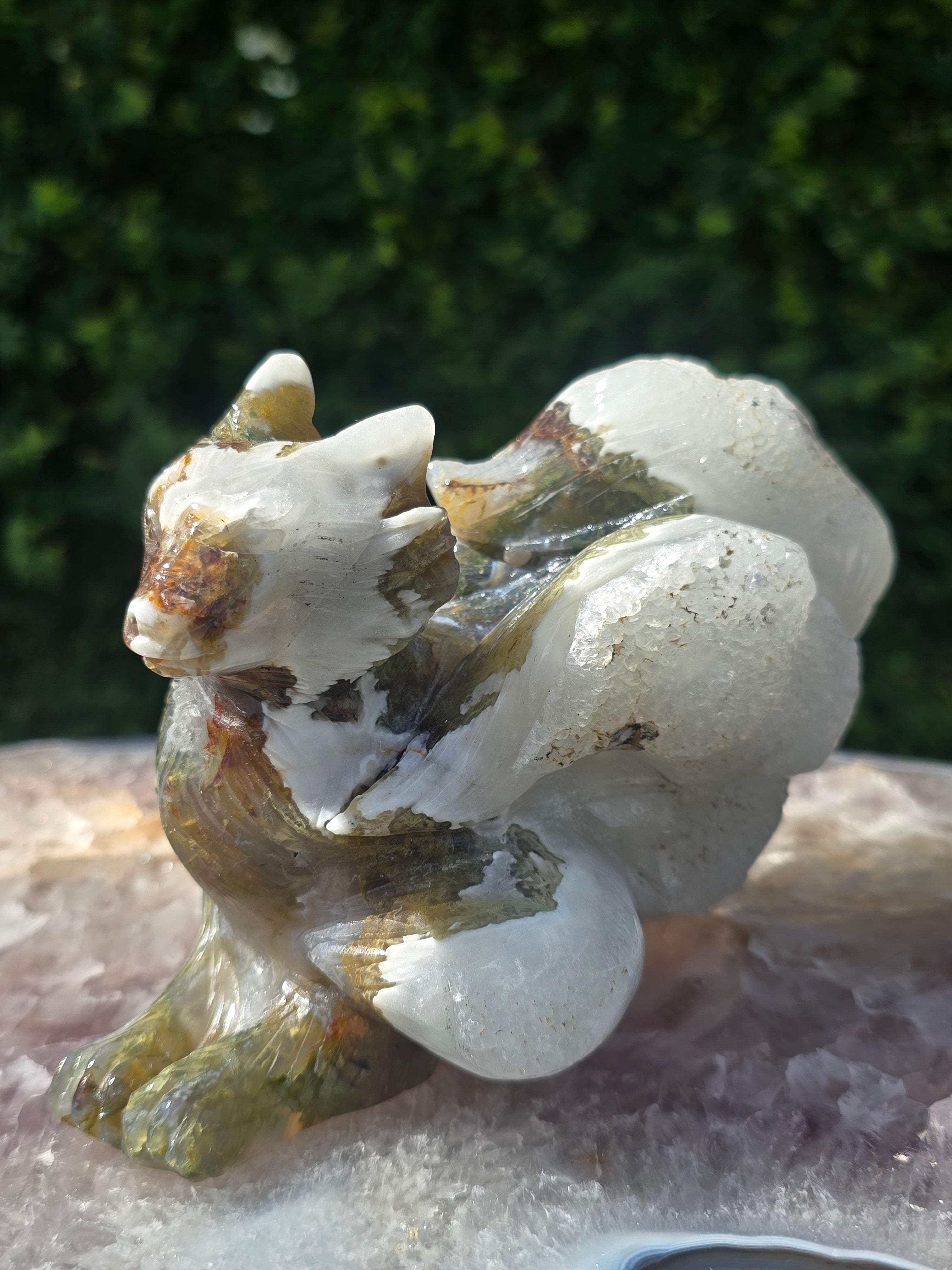 Moss Agate 7 Tail Fox Carving