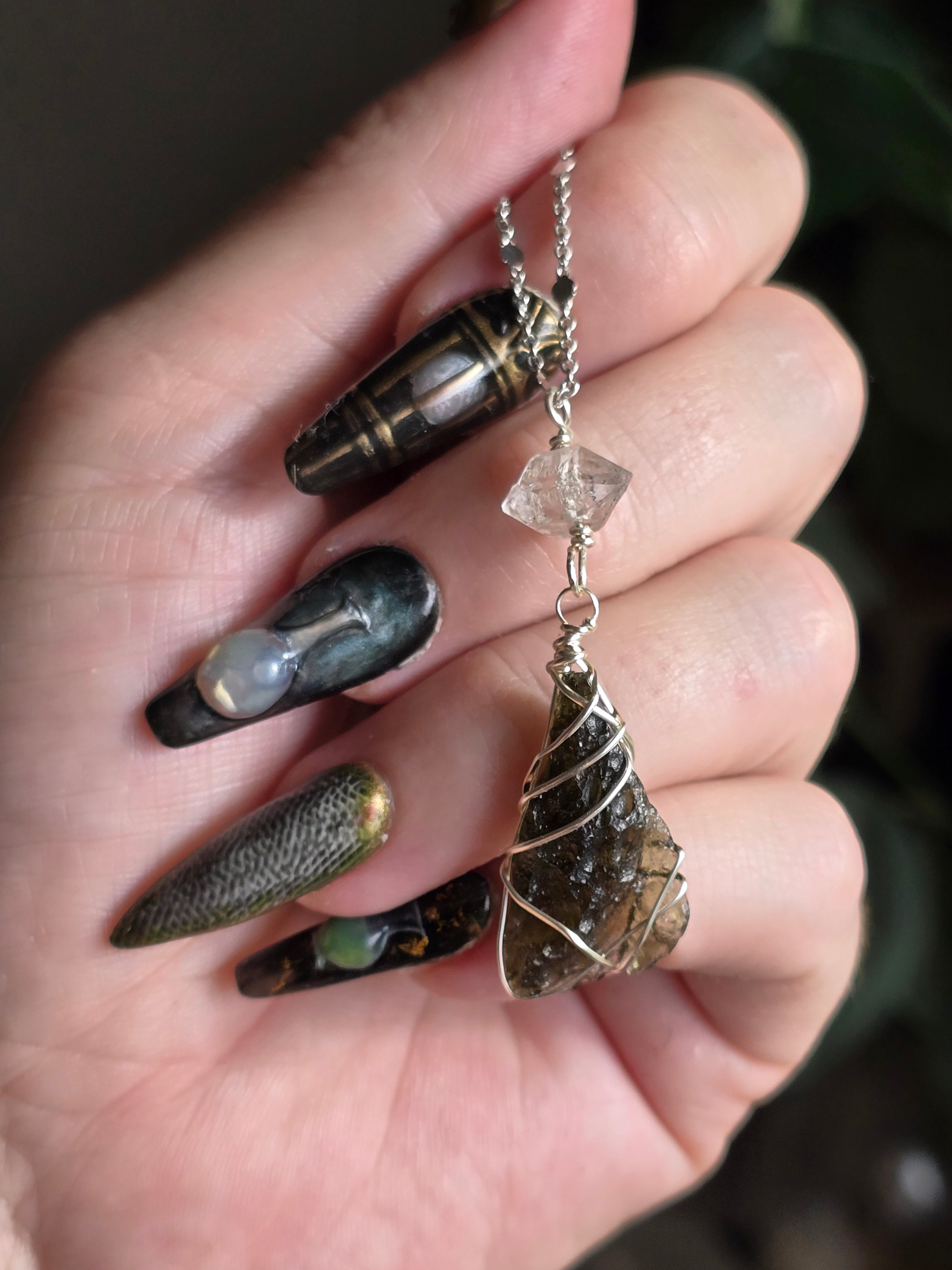 Moldavite Dragonfly Wing & Herkimer Diamond Necklace